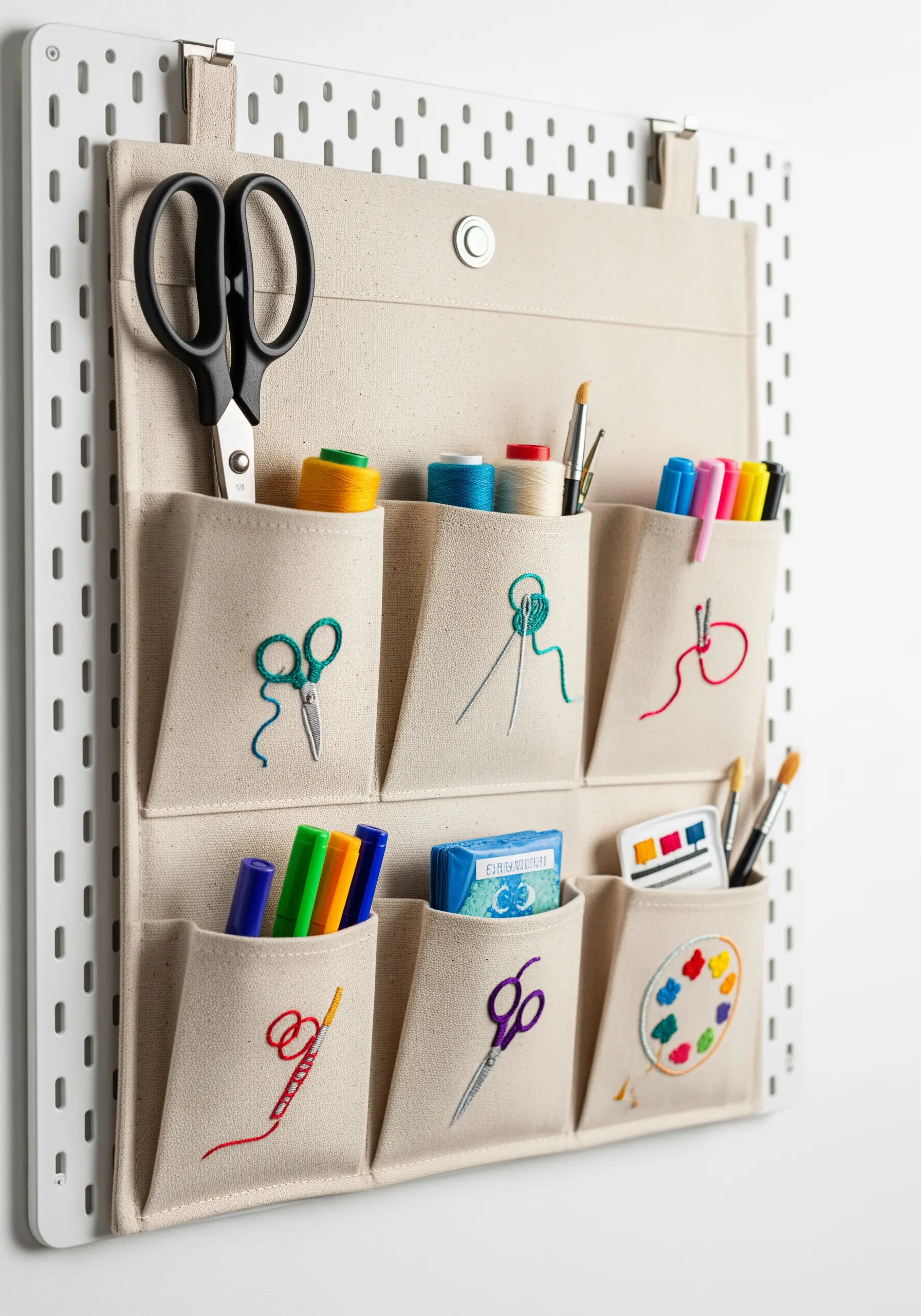 Canvas craft supply organizer with pockets embroidered with simple line art of tools.