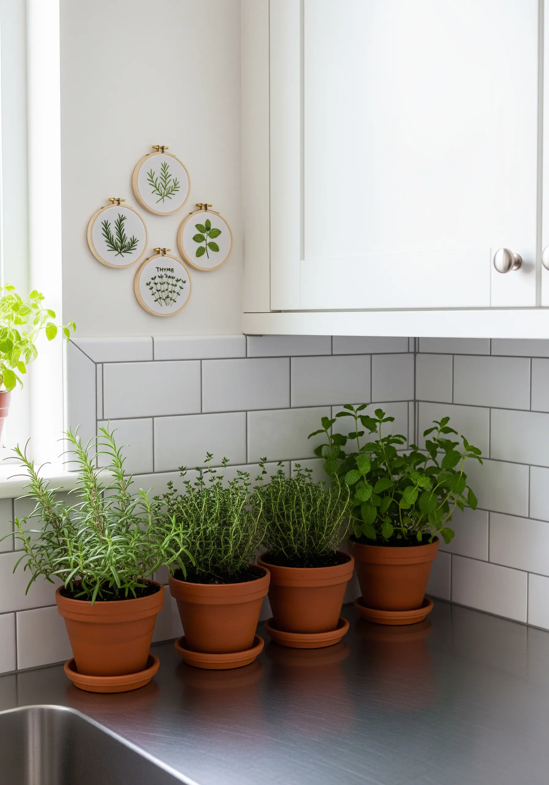 A collection of four small embroidery hoops featuring minimalist herb illustrations.