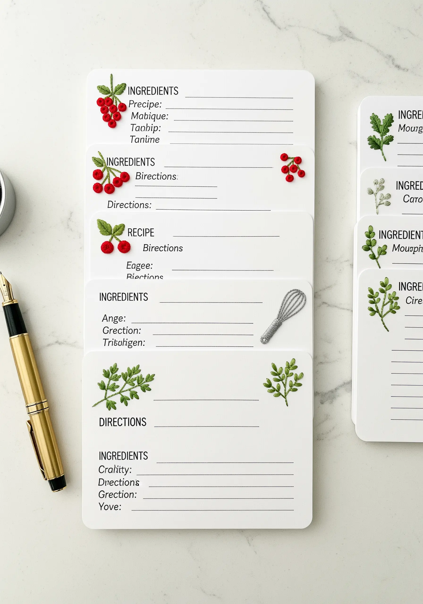Recipe cards decorated with small embroidered motifs of herbs and berries.