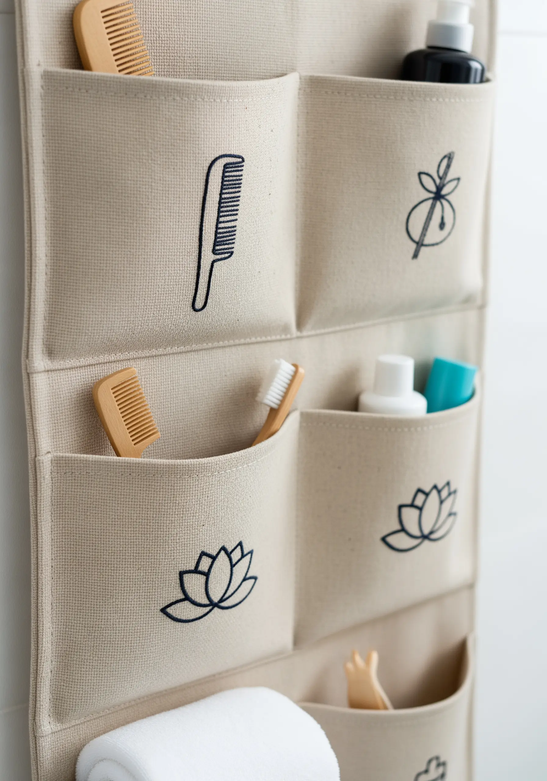 Minimalist black line-art embroidery icons on the pockets of a canvas hanging organizer.
