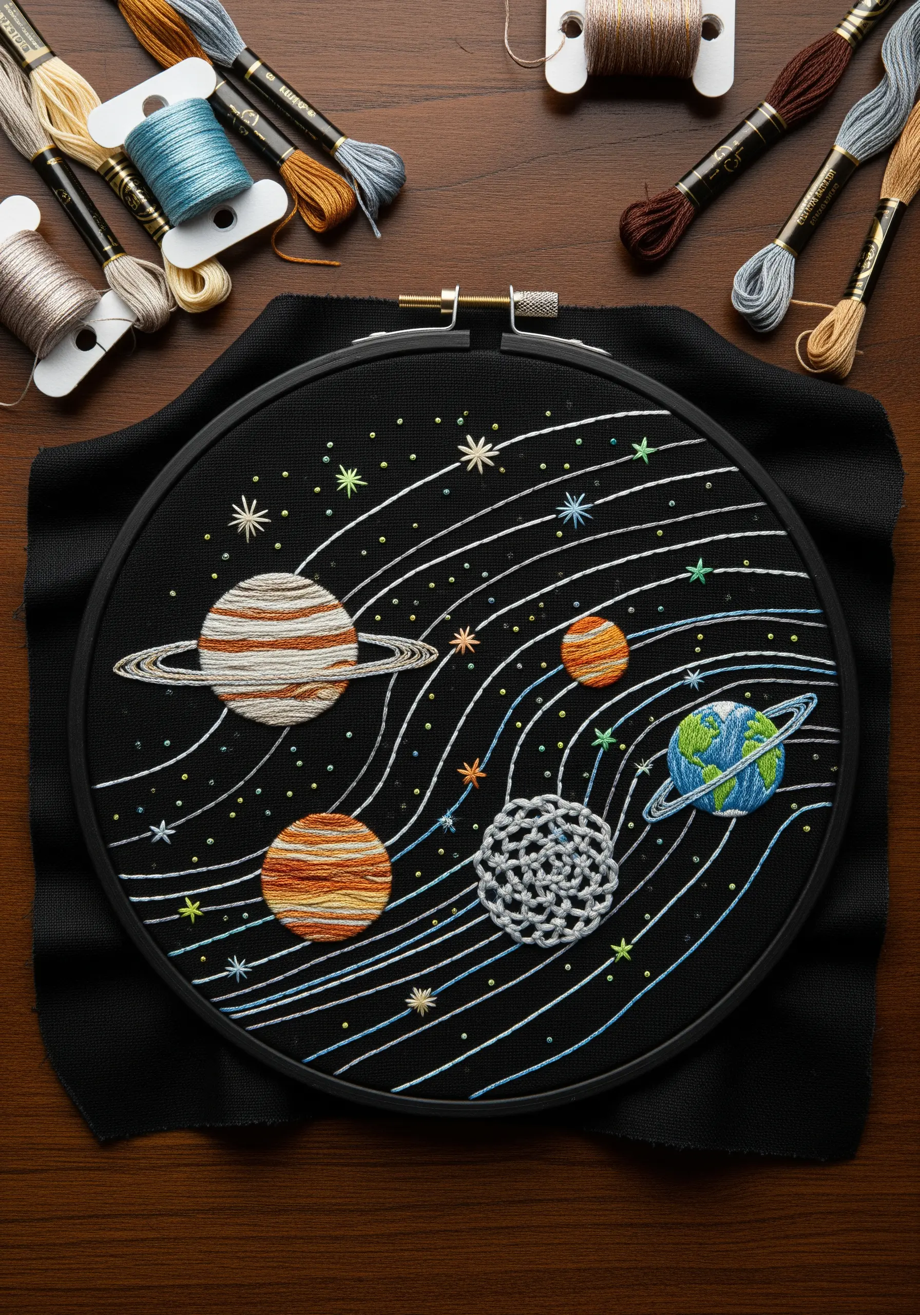Embroidered solar system on black fabric with metallic and variegated threads.