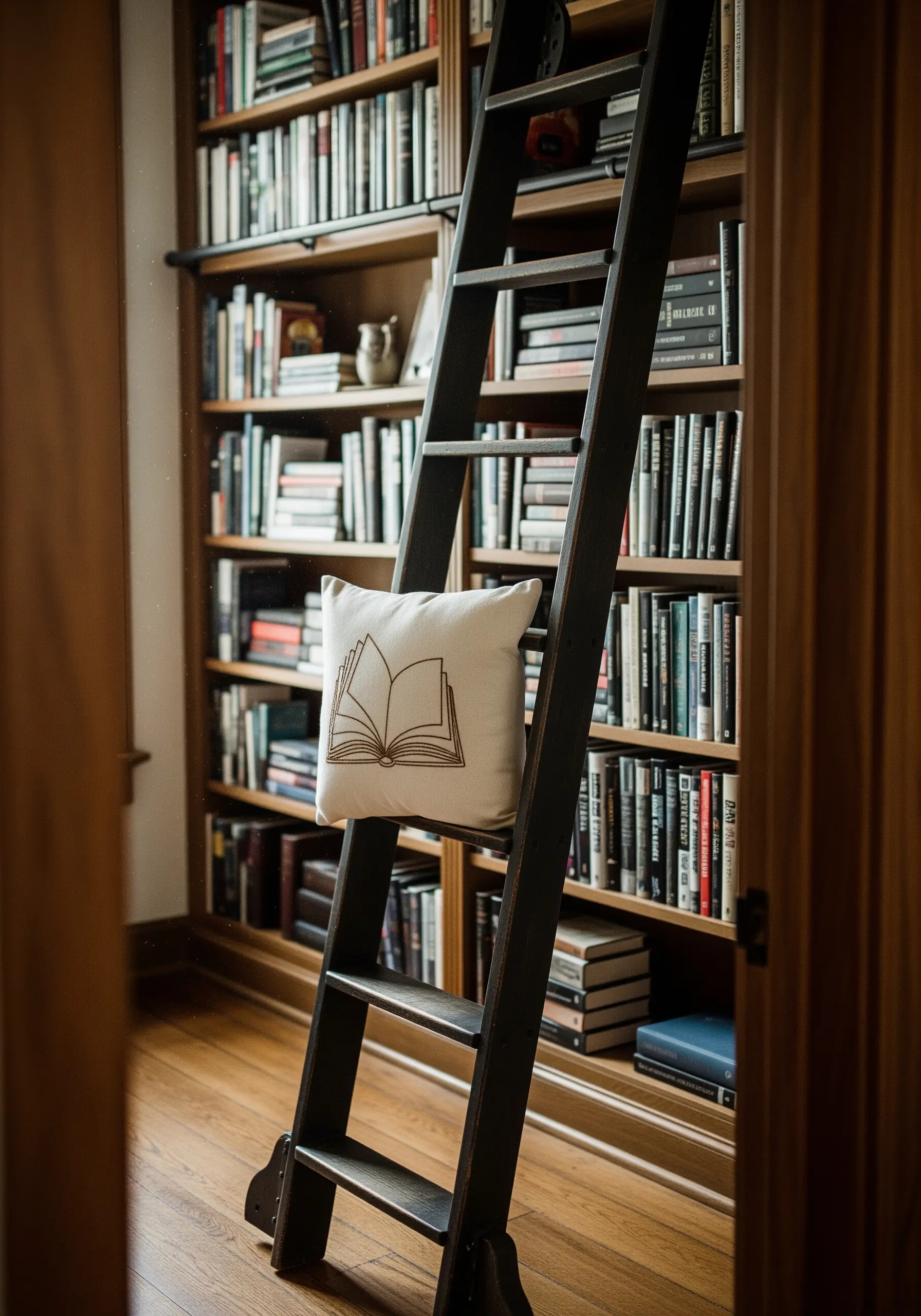 A simple line art embroidery of an open book on a small pillow.