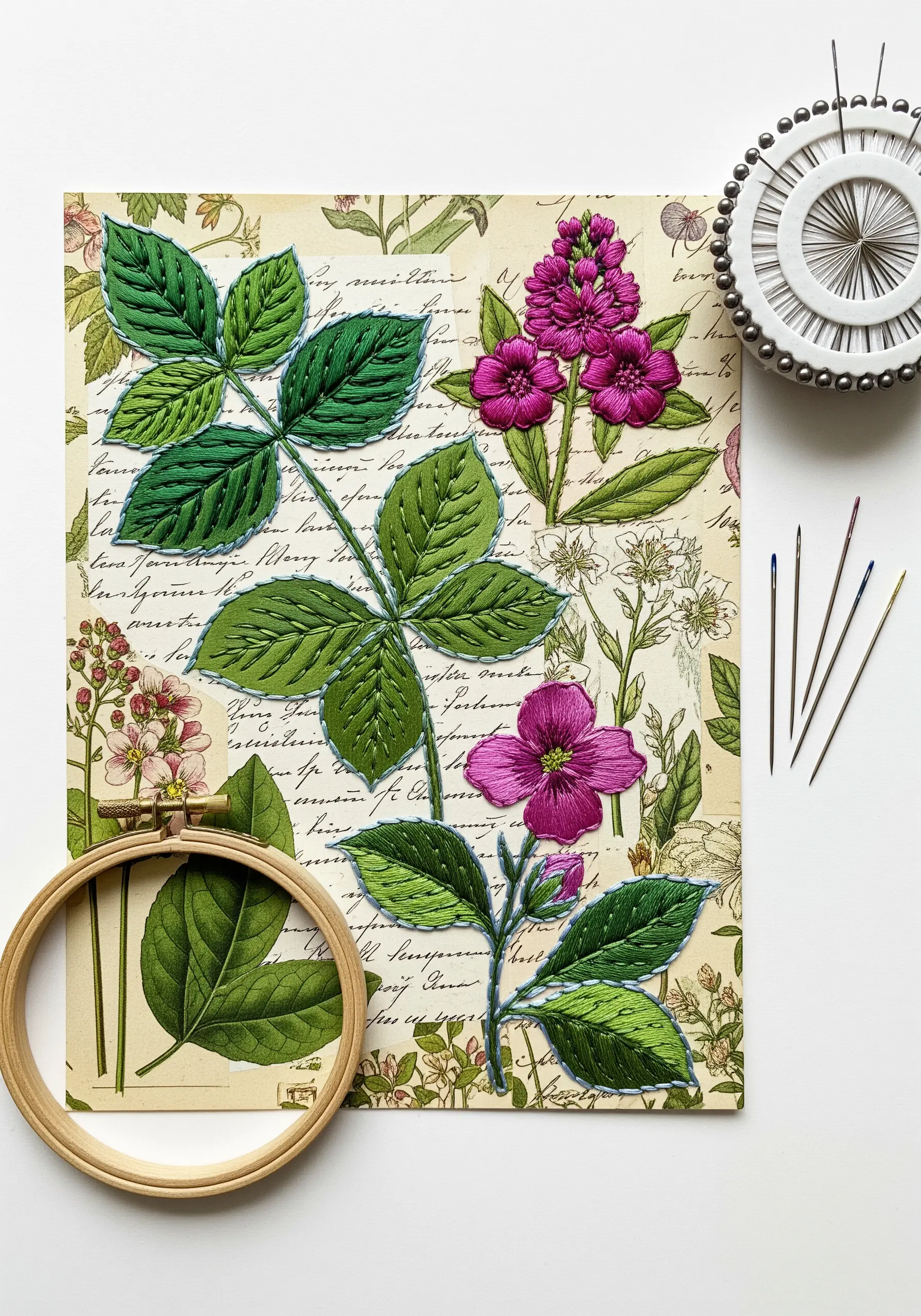 Embroidery over vintage botanical illustrations of leaves and flowers on antique paper.