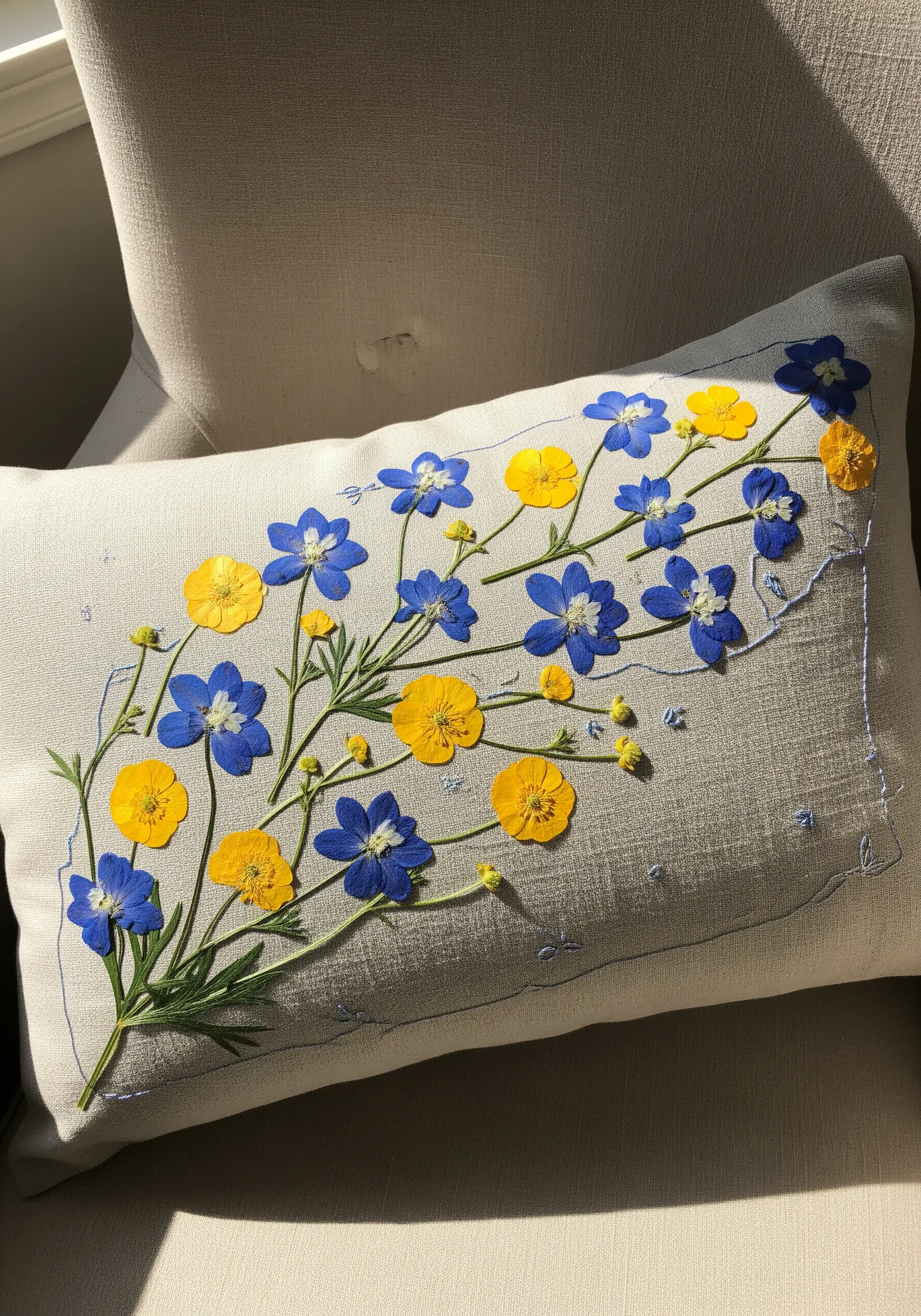 A linen pillow with pressed blue and yellow flowers whose stems are embroidered with blue thread.