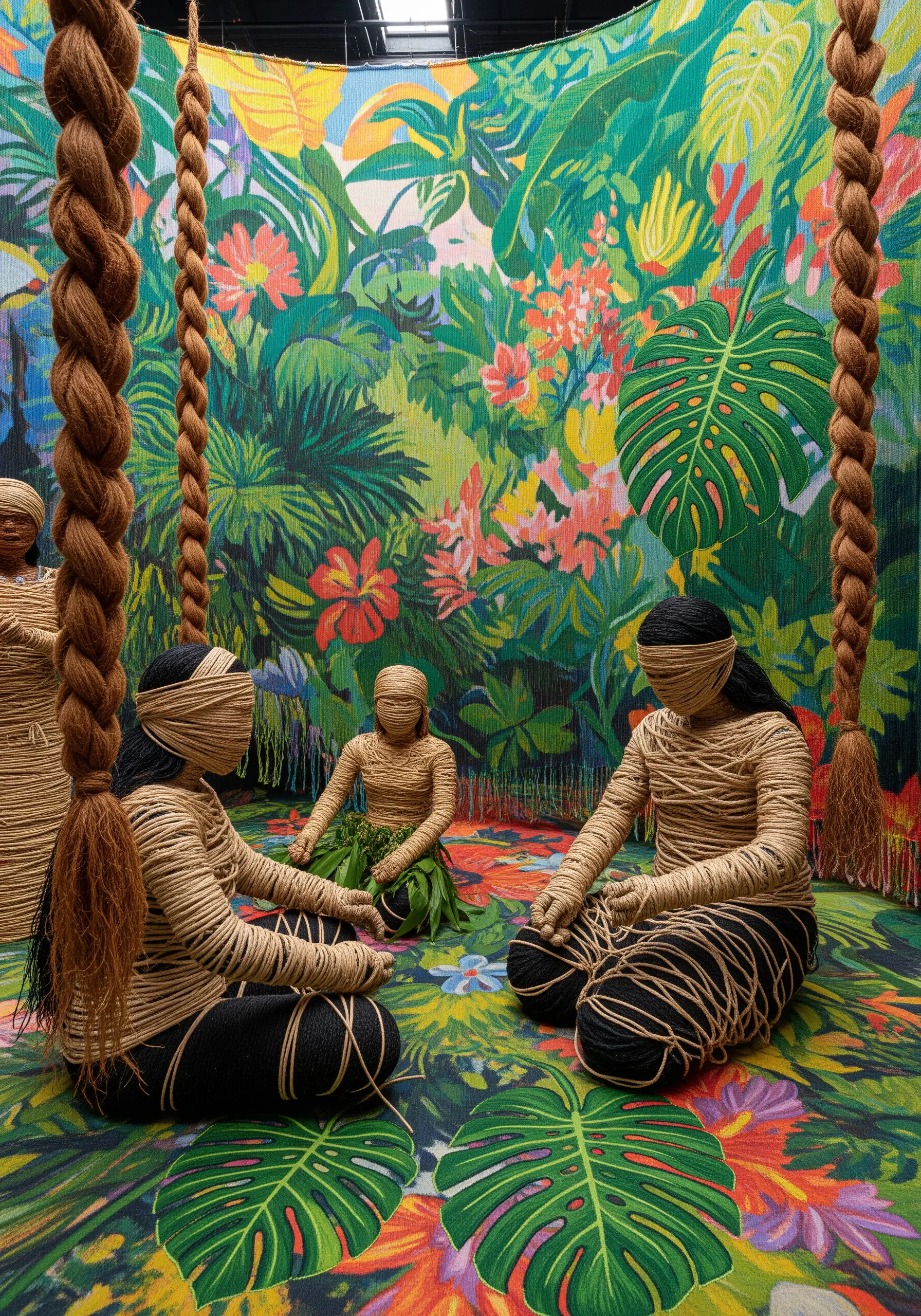 An immersive jungle installation with a tapestry backdrop and large, braided yarn sculptures.