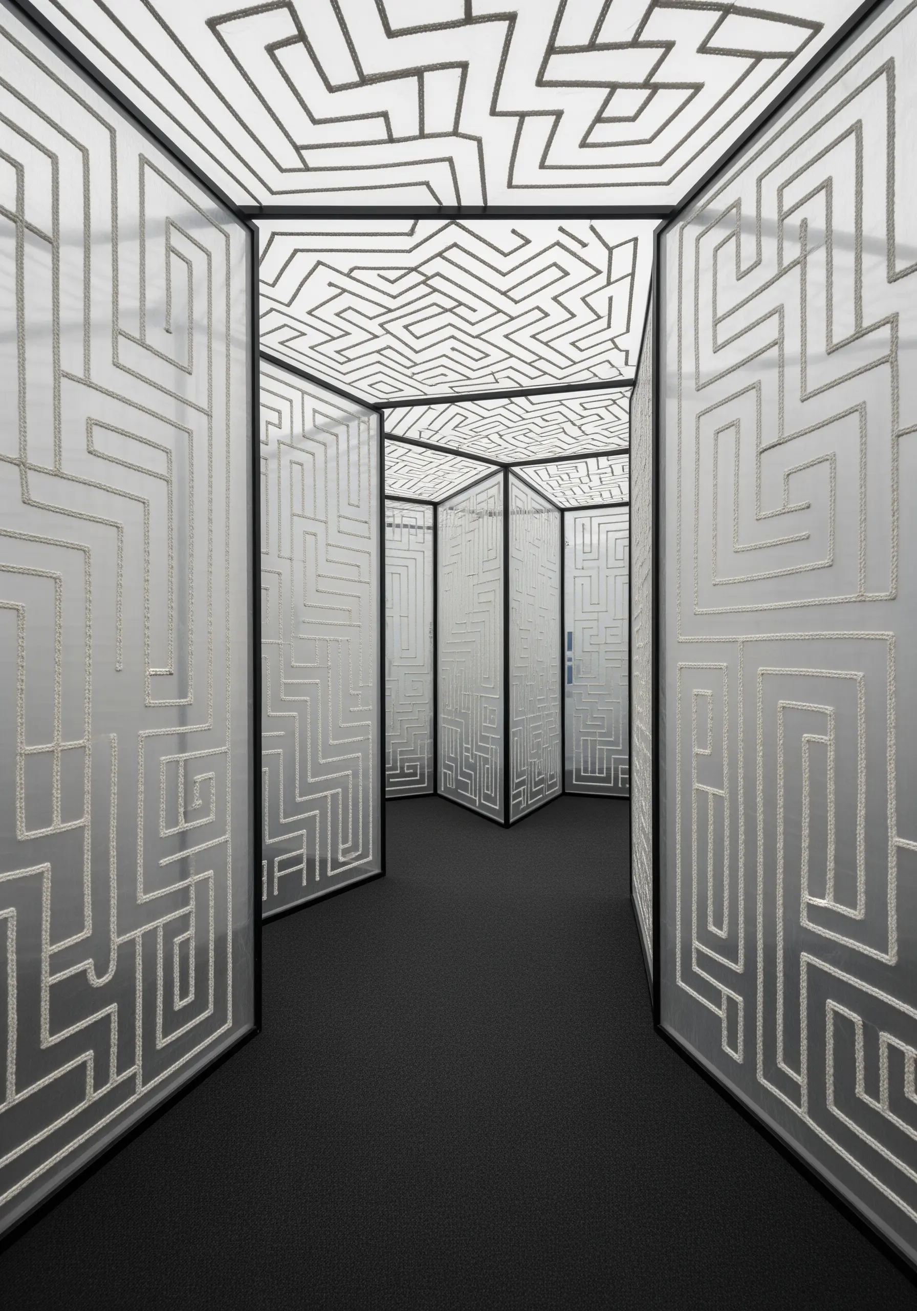 An immersive maze installation with thick white cord applied to translucent walls.