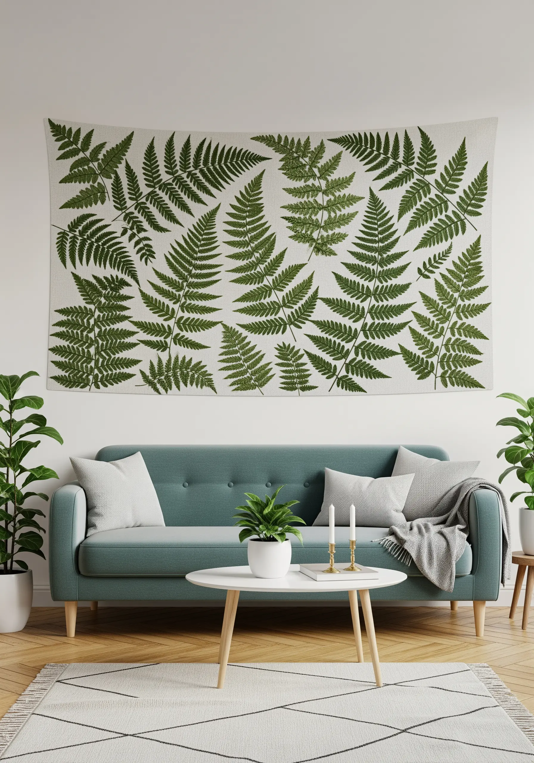 A large wall tapestry covered in a repeating pattern of embroidered green fern fronds.