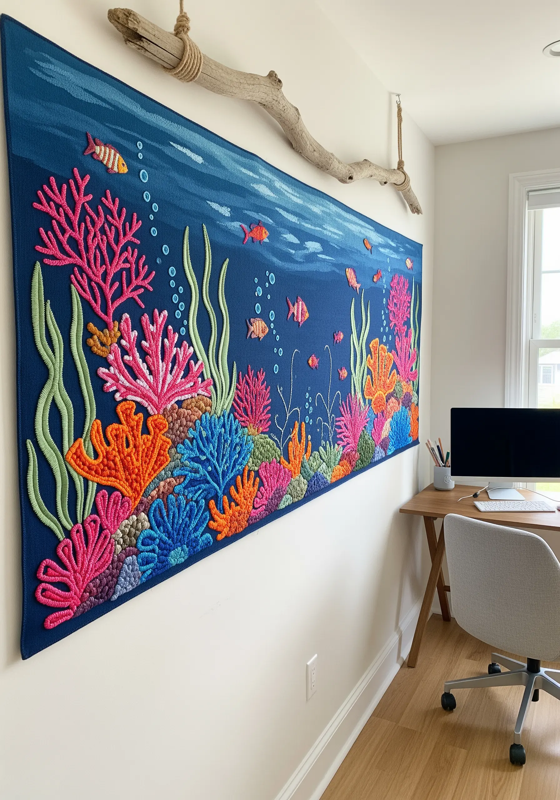 Large punch needle wall hanging of a vibrant coral reef scene in bright colors.