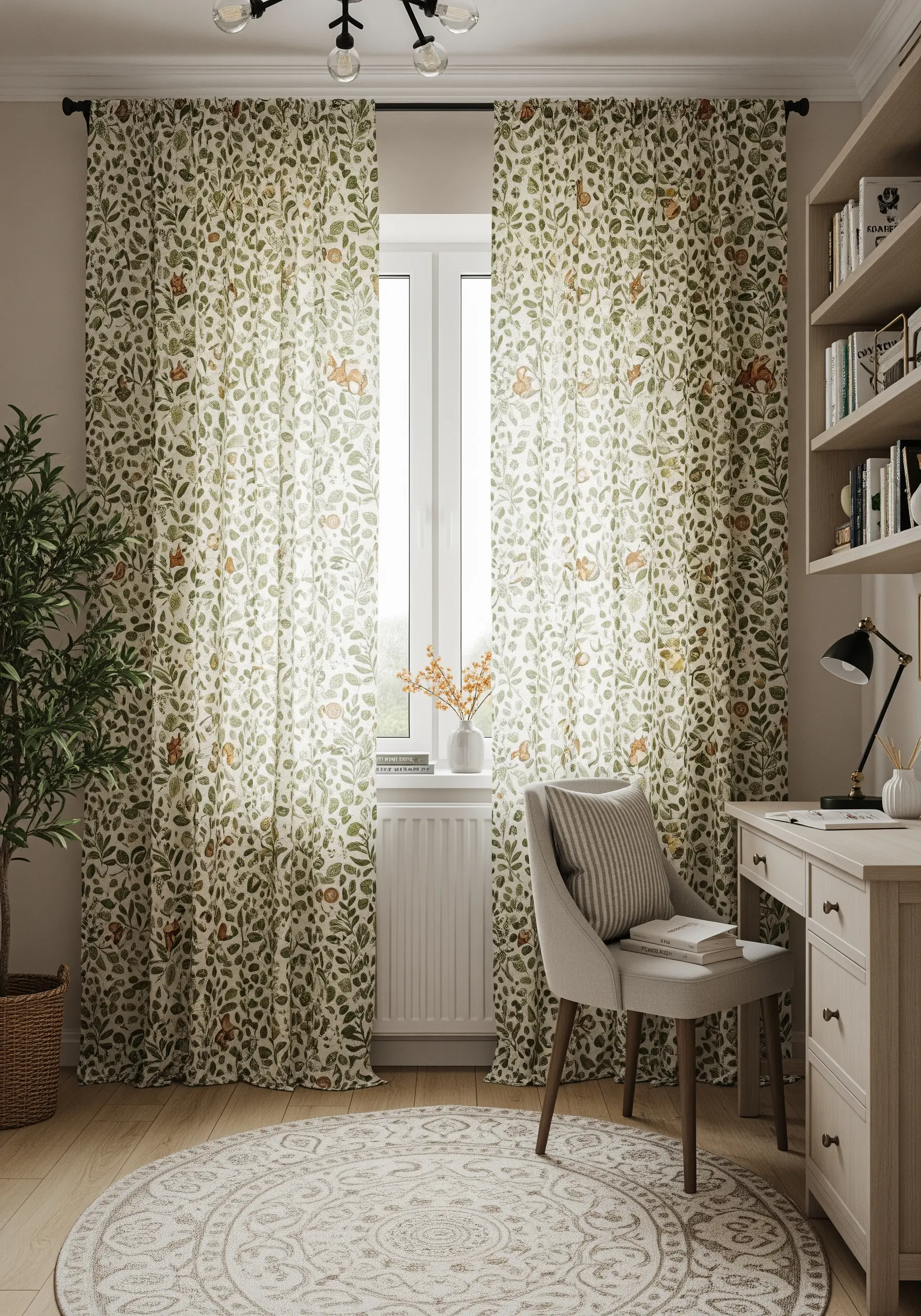 A dense, all-over pattern of leaves, branches, and acorns on a light curtain.