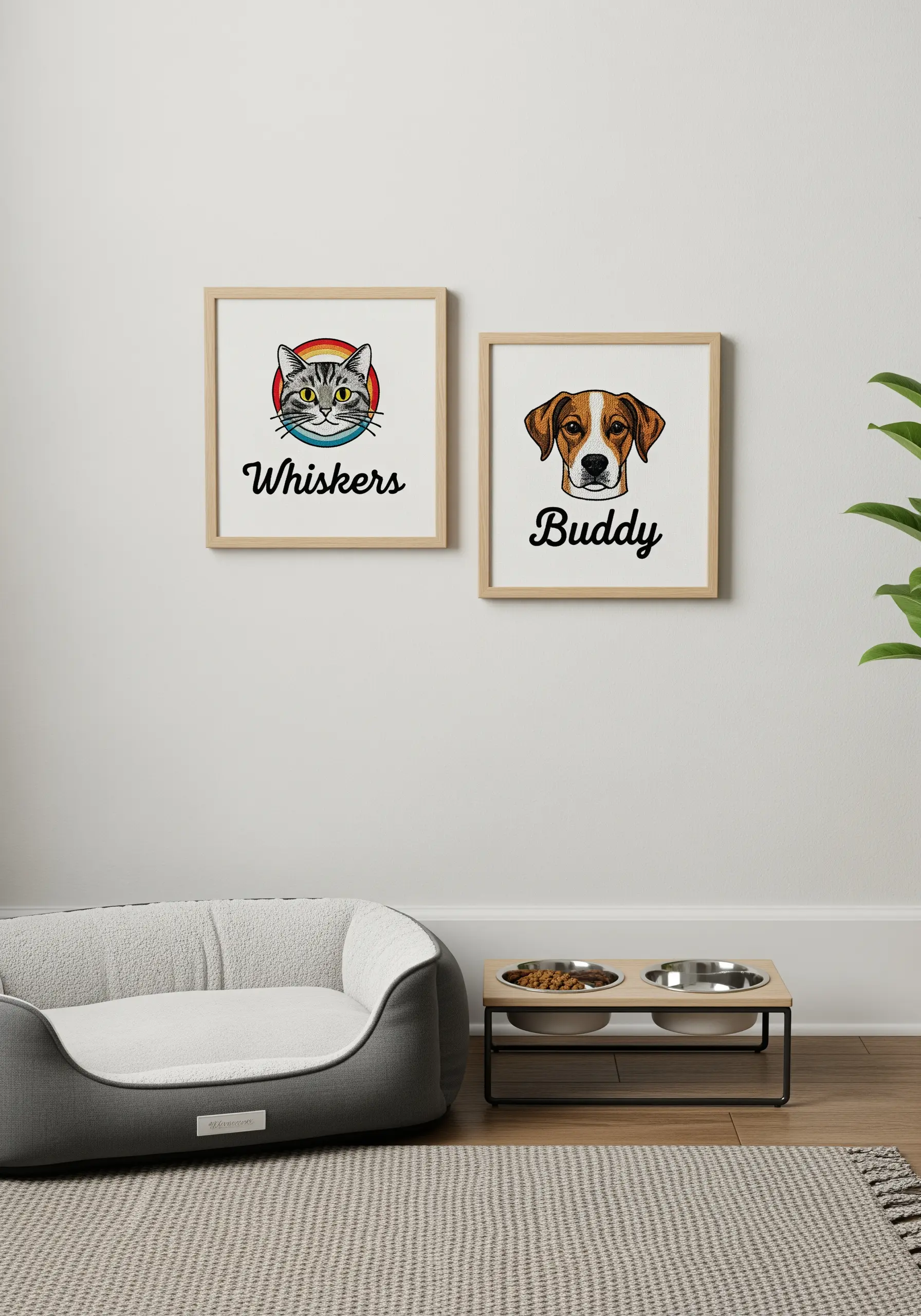 Two framed, graphic-style embroidered portraits of a cat and a dog with their names