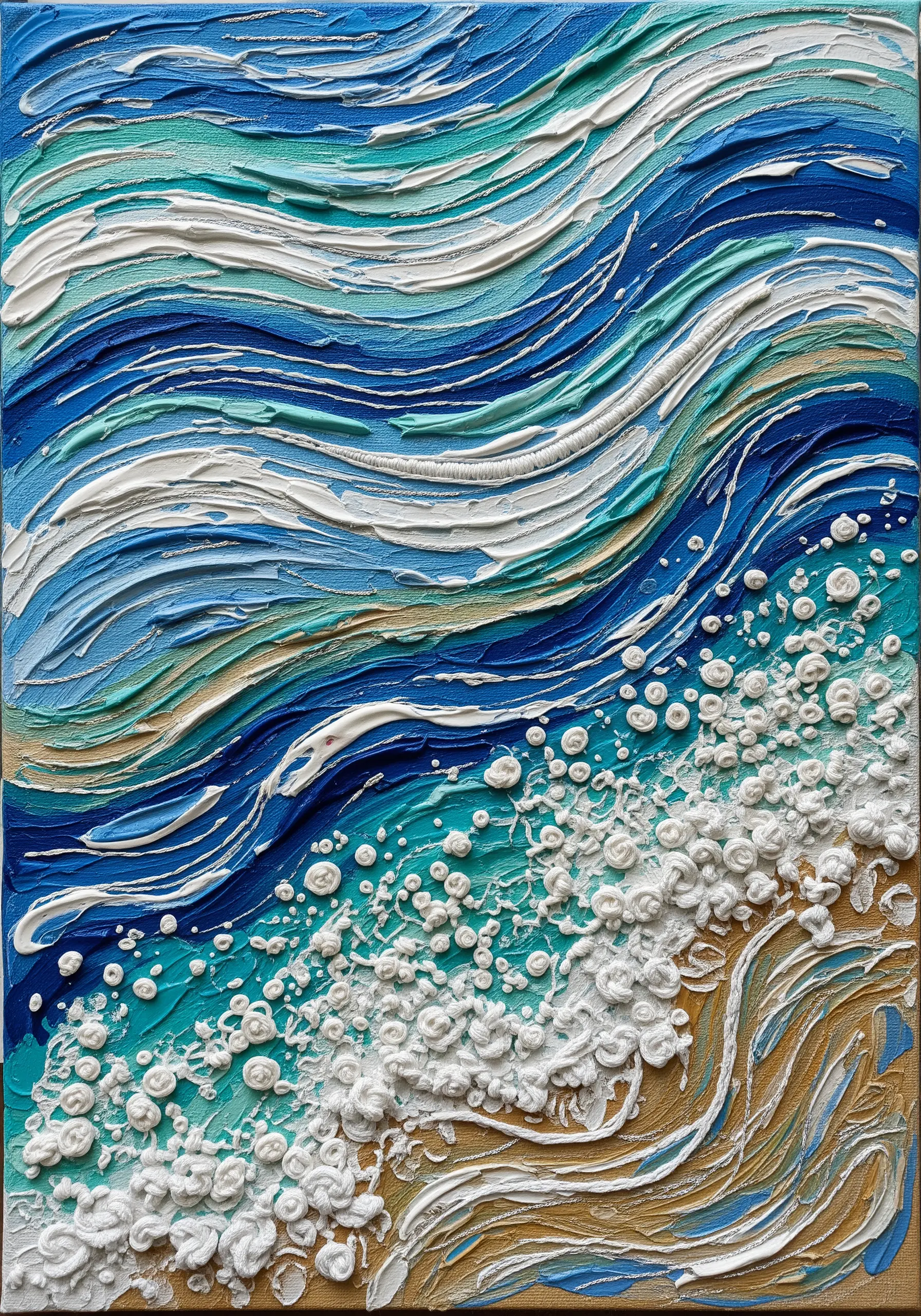 A textured impasto painting of ocean waves with embroidered French knots for sea foam.