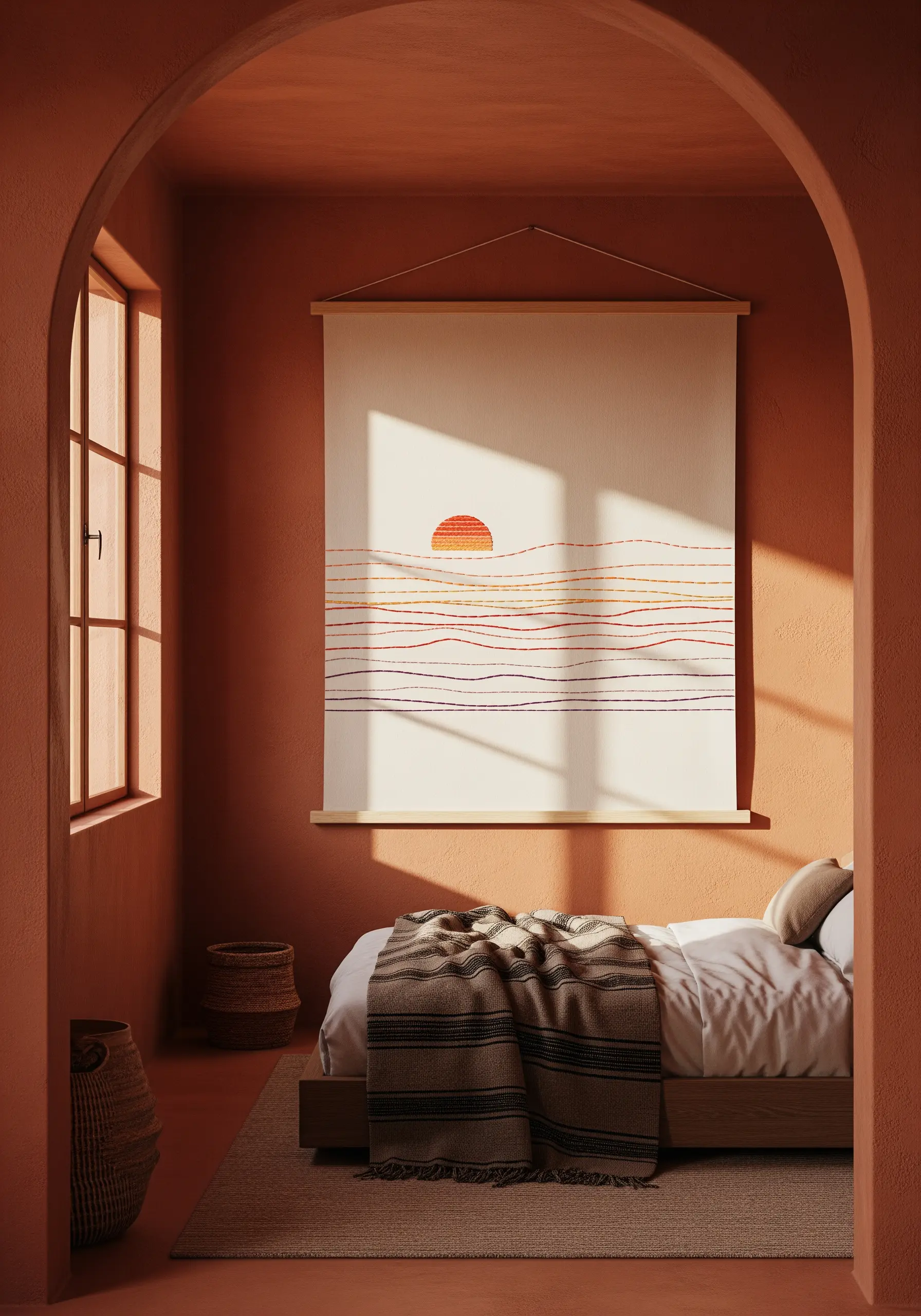 Minimalist embroidered wall hanging with a sunset and wavy lines on cream fabric.
