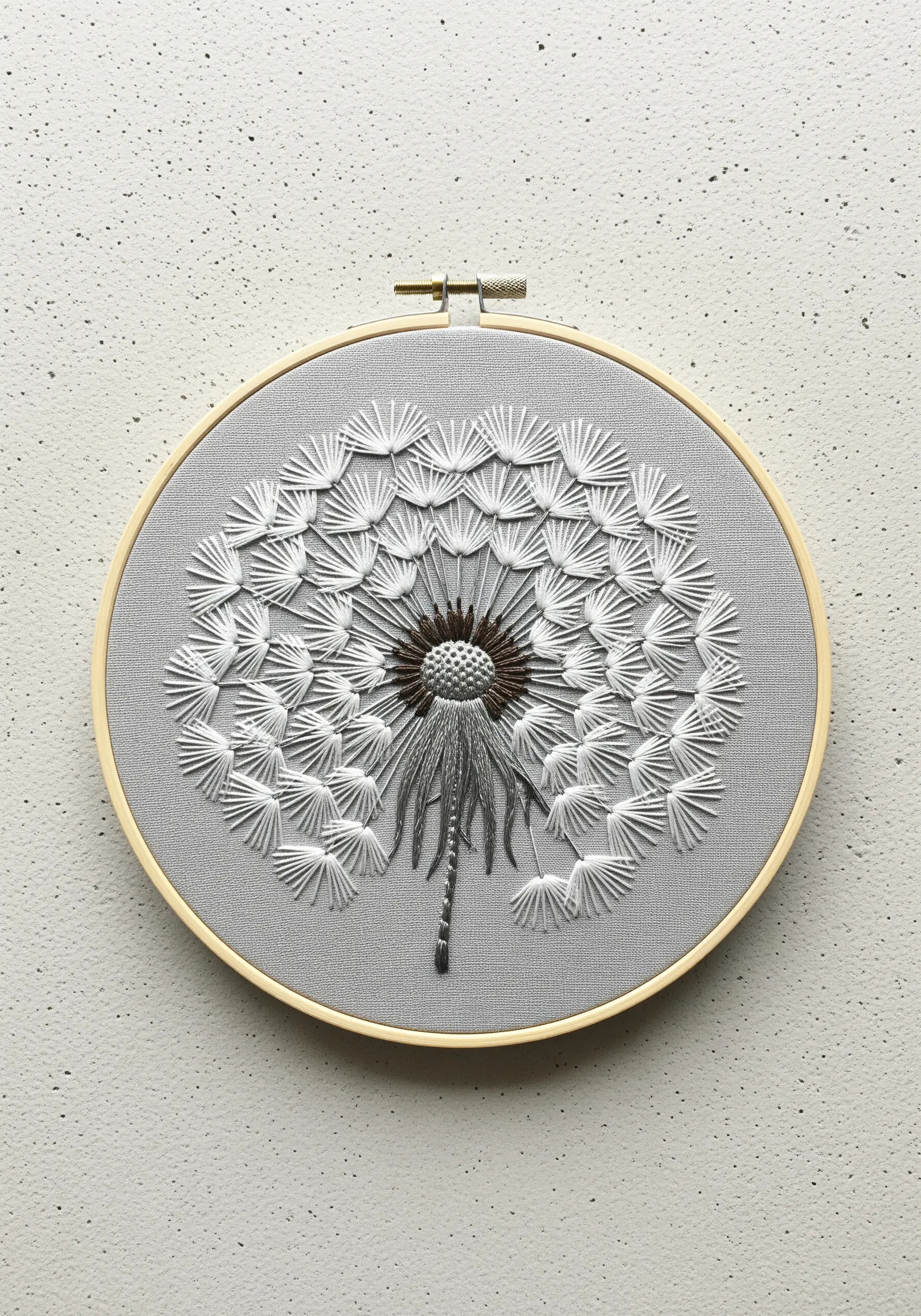 An embroidered dandelion seed head made with detached fly stitches on a grey background.