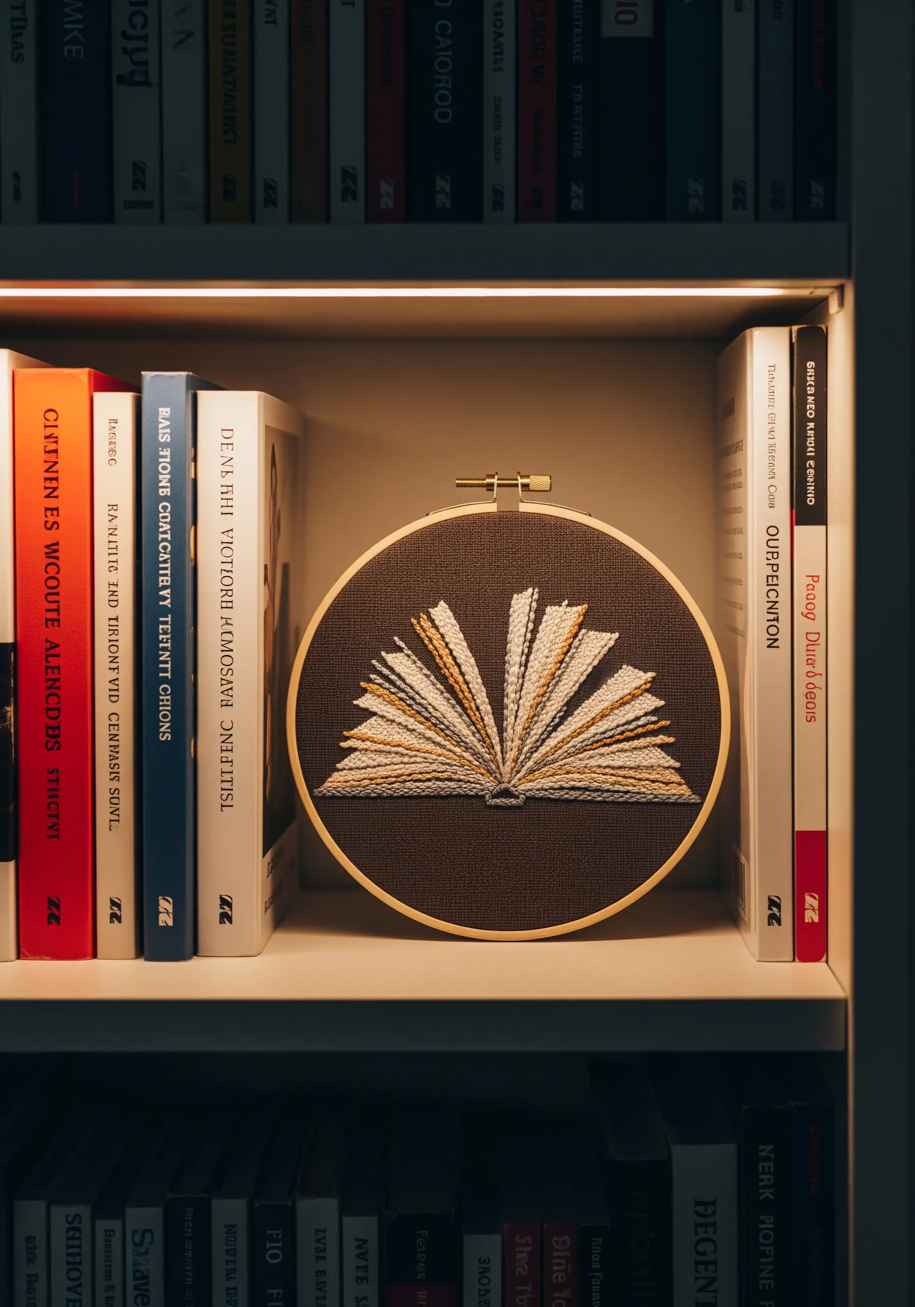An embroidery hoop on a bookshelf showing an open book with layered, multicolored pages.