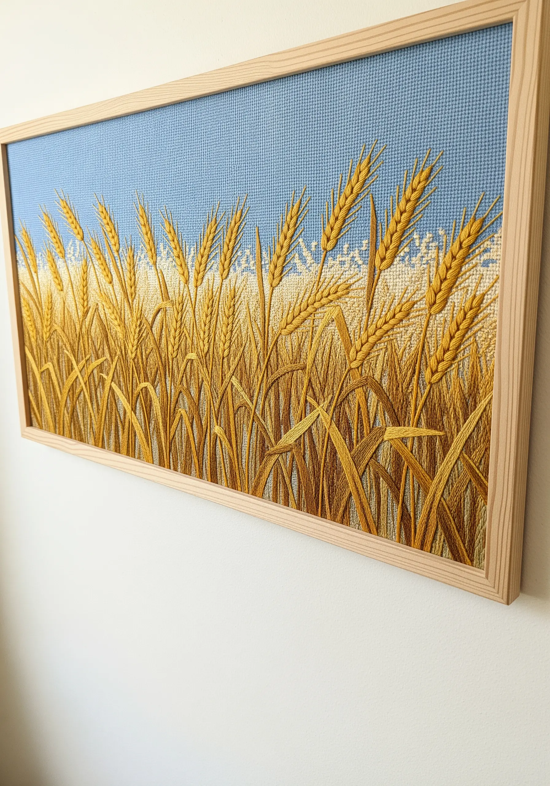 Framed embroidery of a golden wheat field against a bright blue sky.