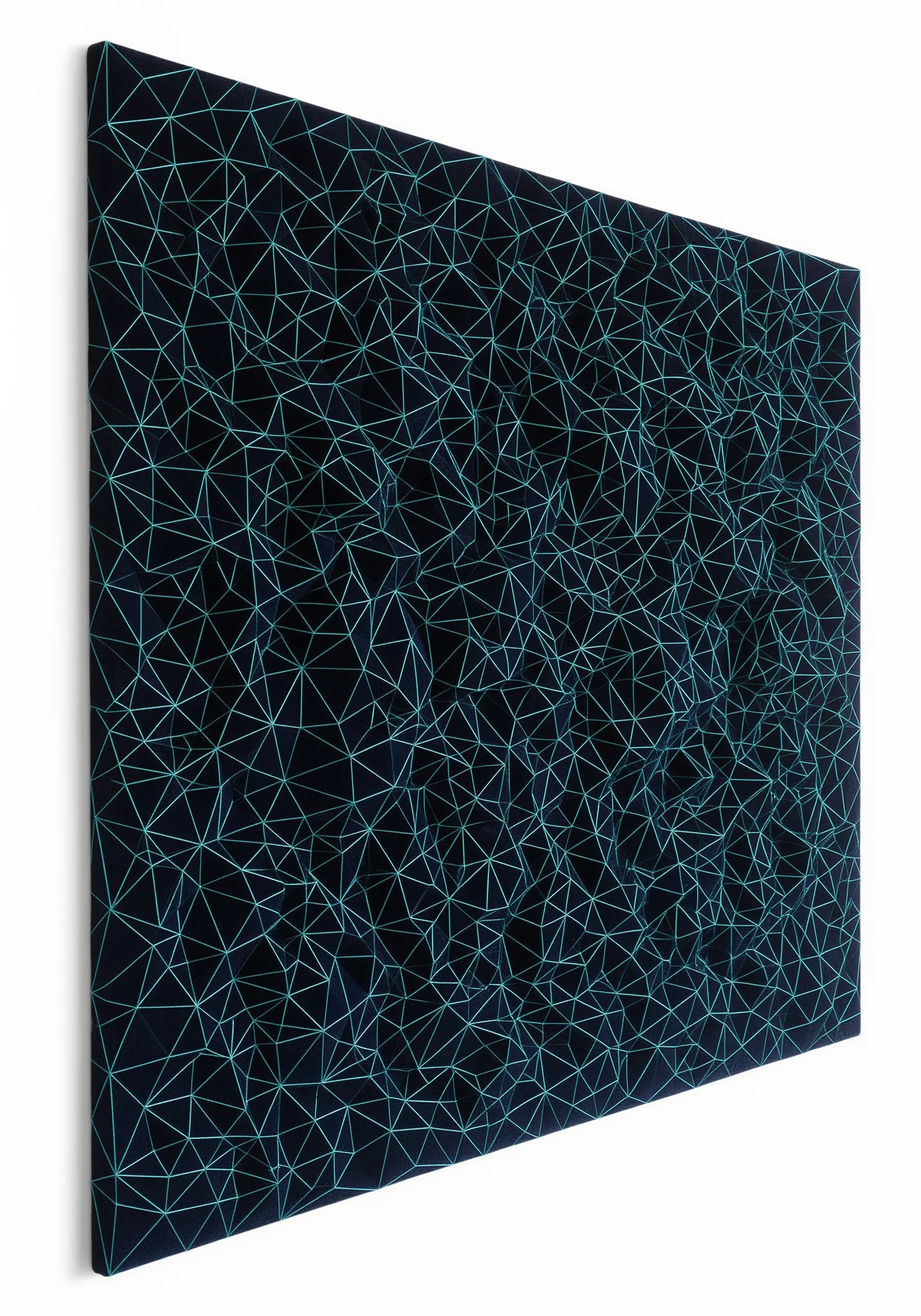 A complex geometric grid of turquoise lines stitched on a black canvas.