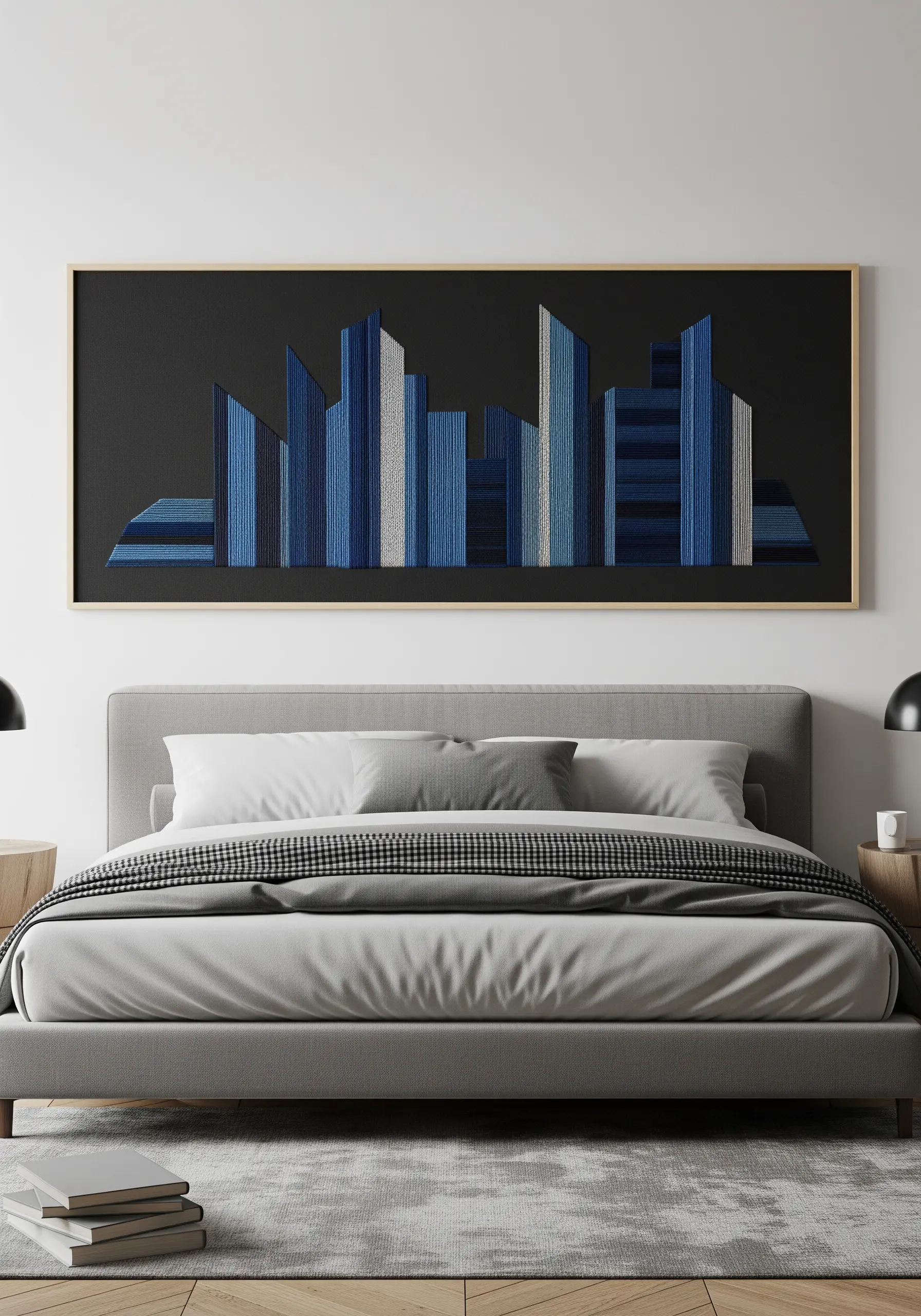 Large framed embroidery of an abstract cityscape in blue, white, and gray tones.