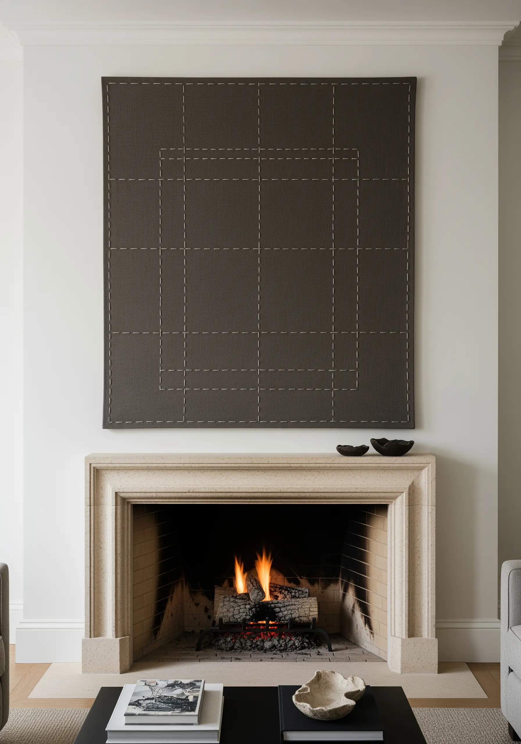 A minimalist grid of white running stitches on a large, dark gray fabric panel.