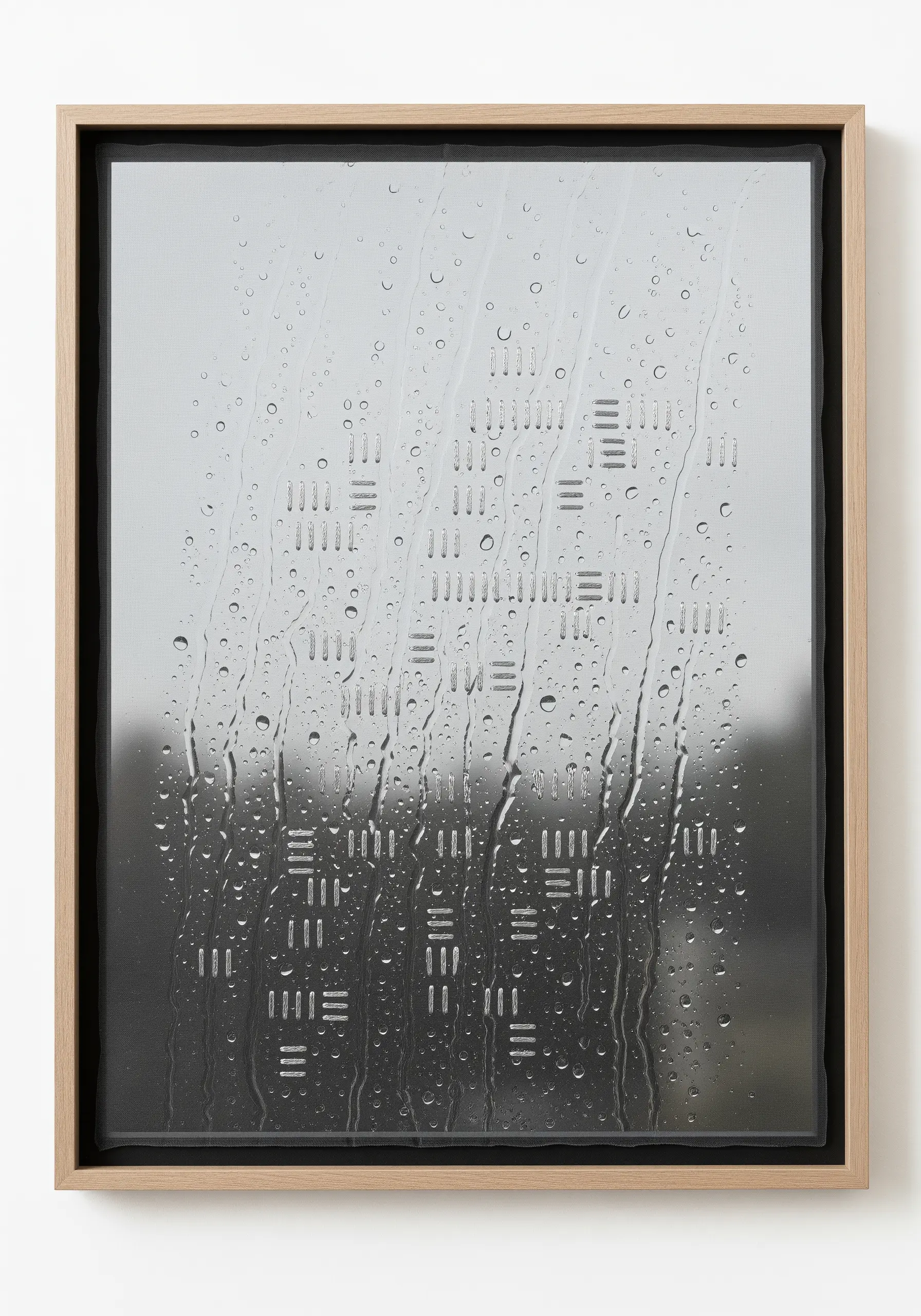 Abstract embroidery of small, white, geometric stitches over a grey, rainy background.