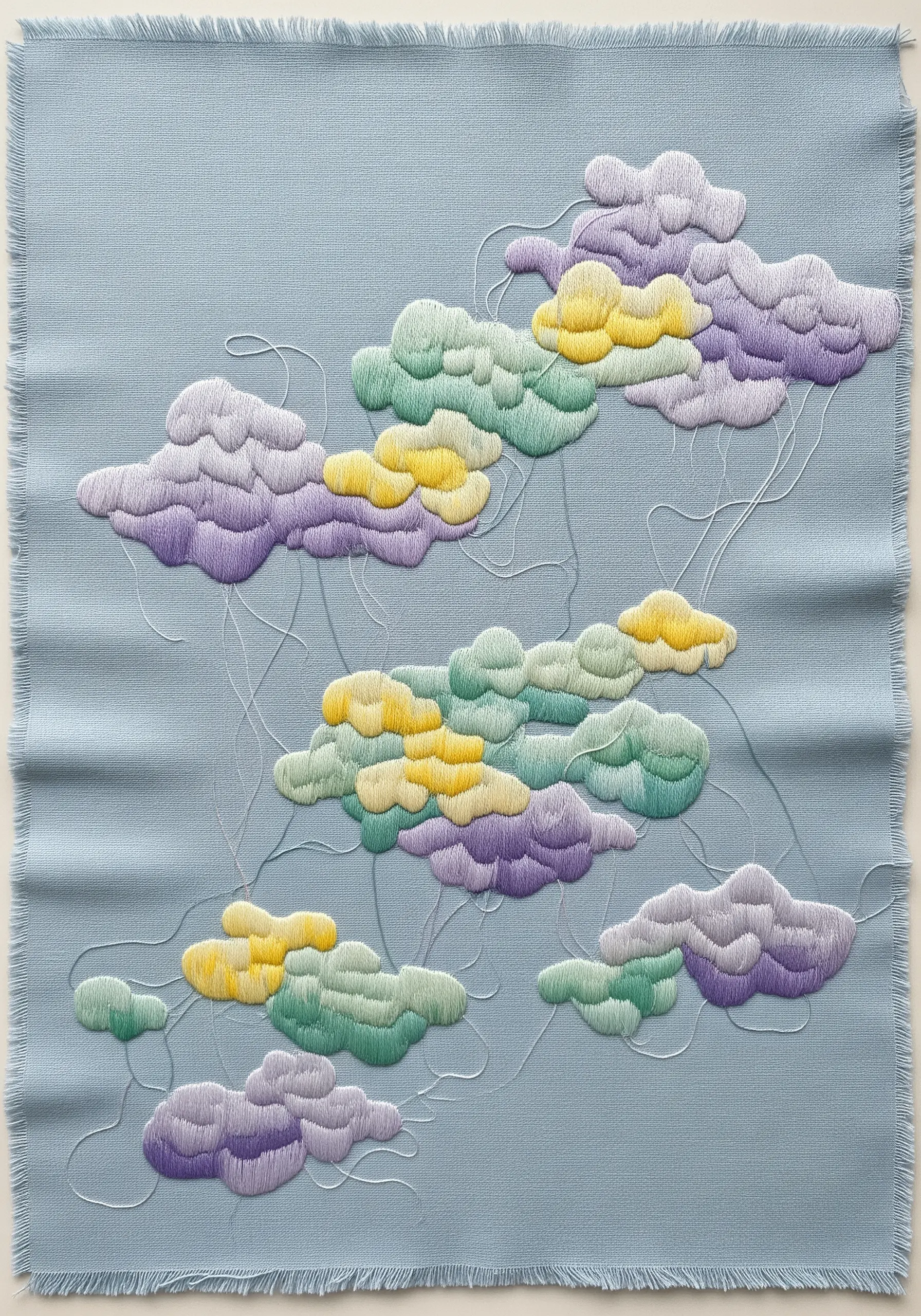 Soft, cloud-like embroidered shapes in pastel colors with loose, trailing threads on blue fabric.
