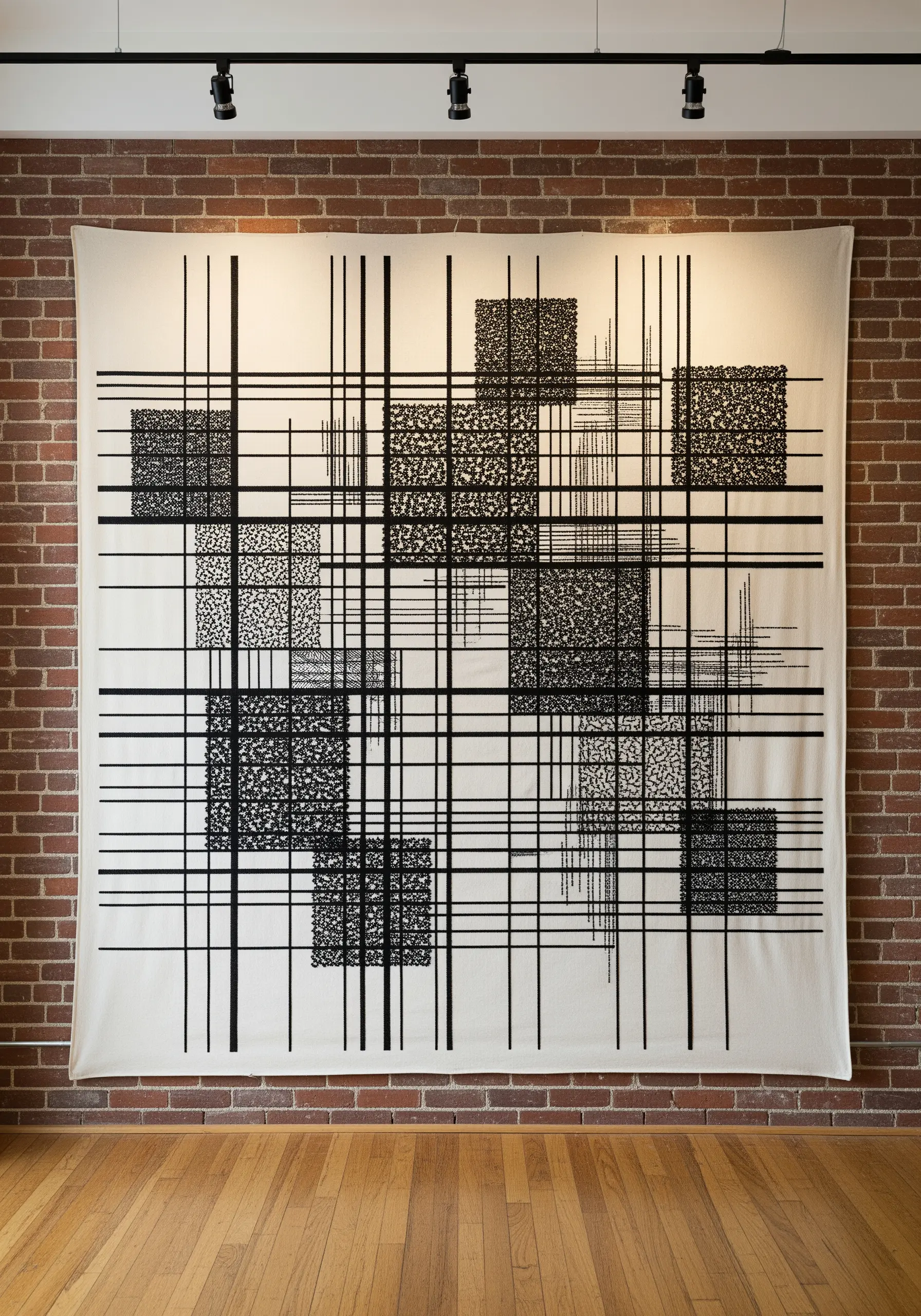 Large-scale textile art with a black grid and squares filled with dense, abstract stitches.