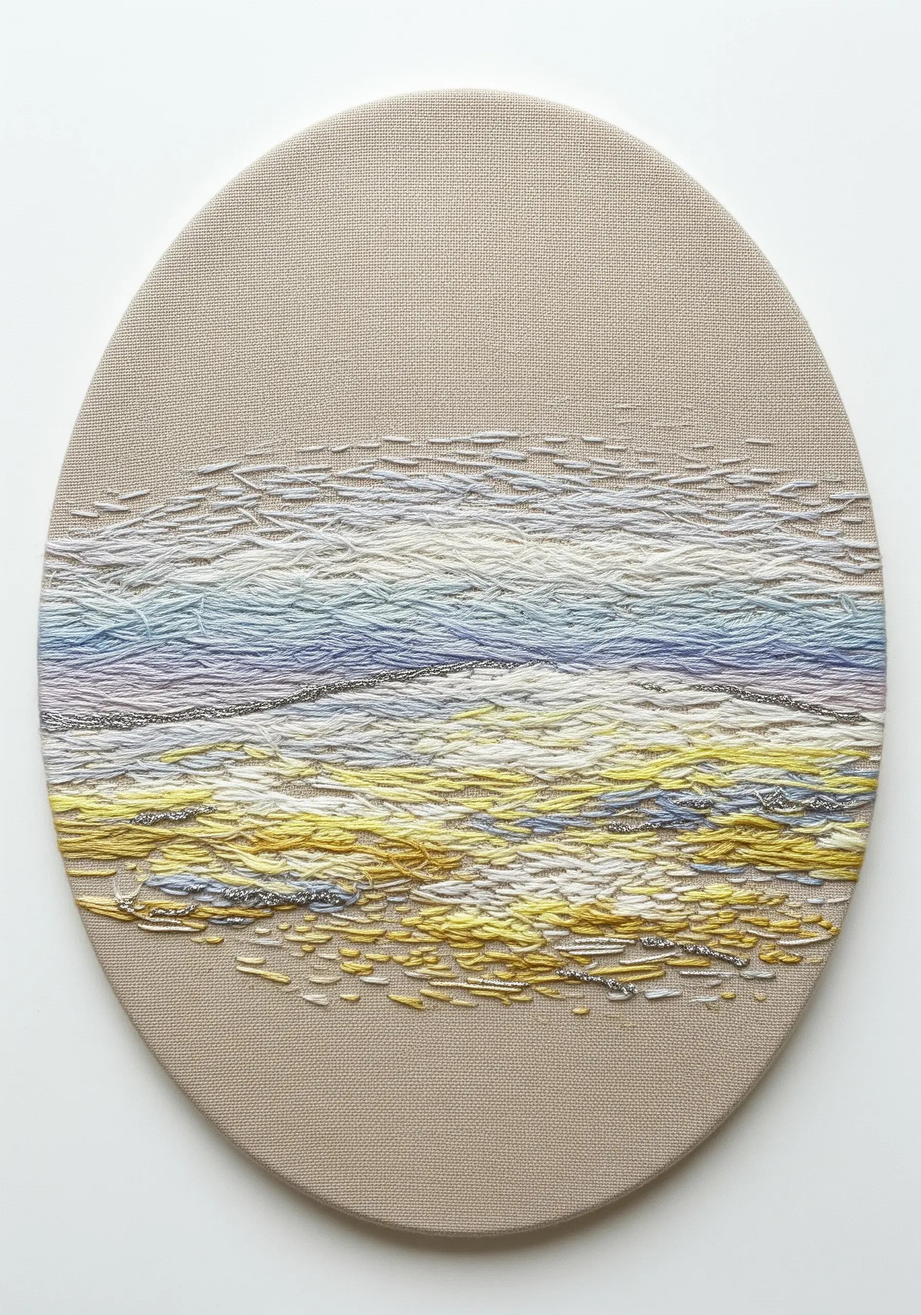 Minimalist abstract landscape embroidery with sparse horizontal stitches on beige canvas.