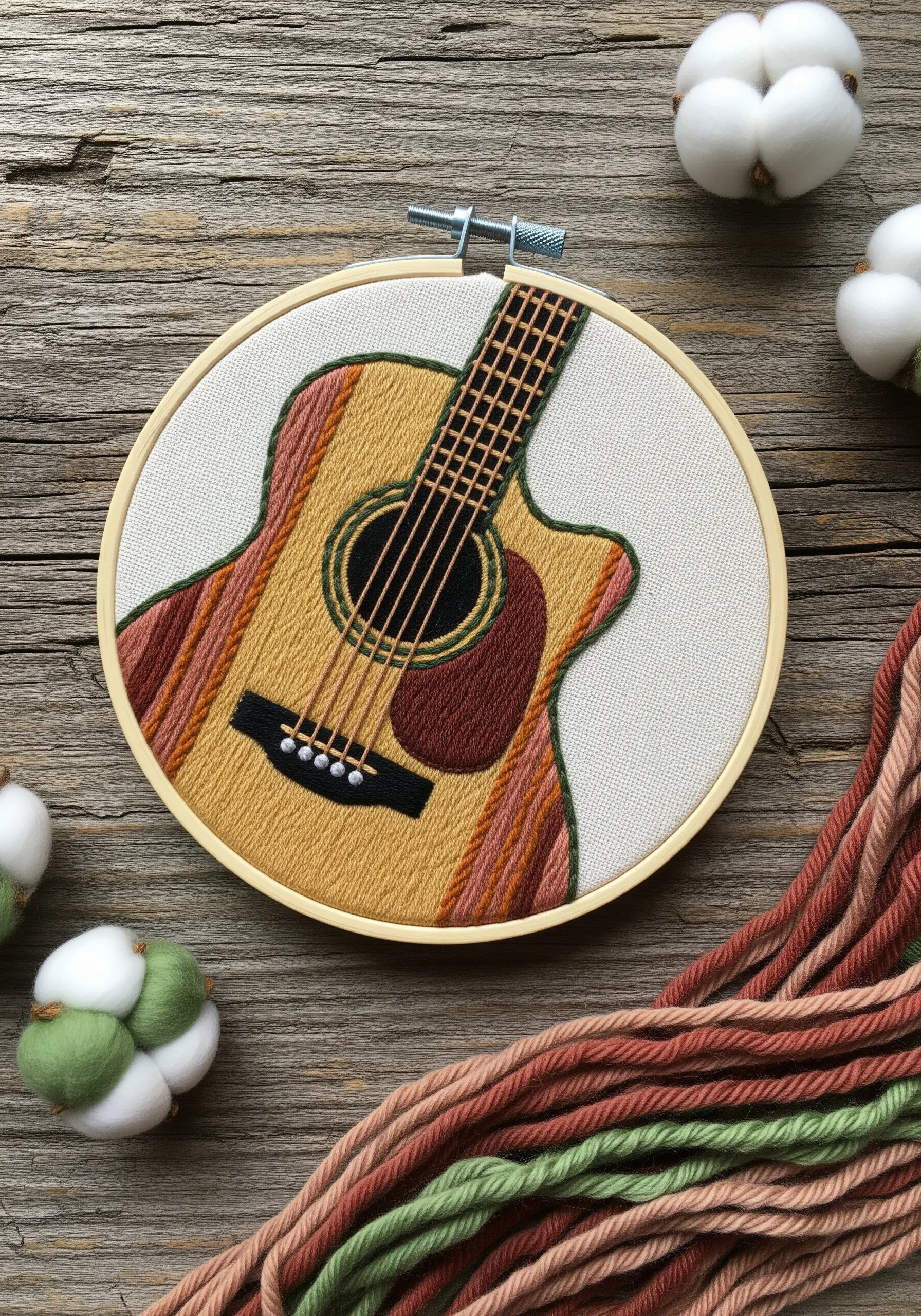 Embroidery of an acoustic guitar with detailed directional satin stitch.