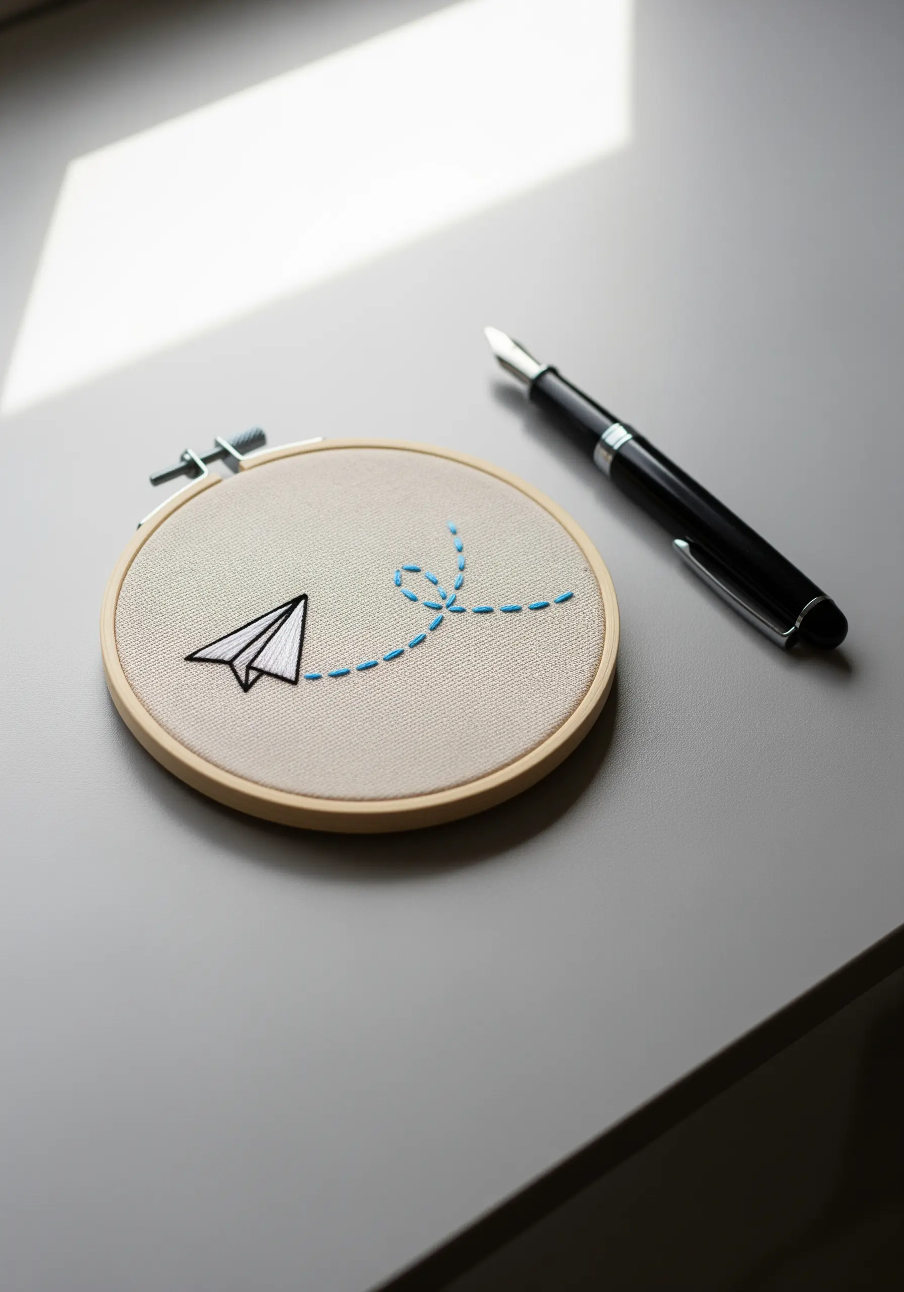 An embroidered paper airplane with a light blue dashed flight path.