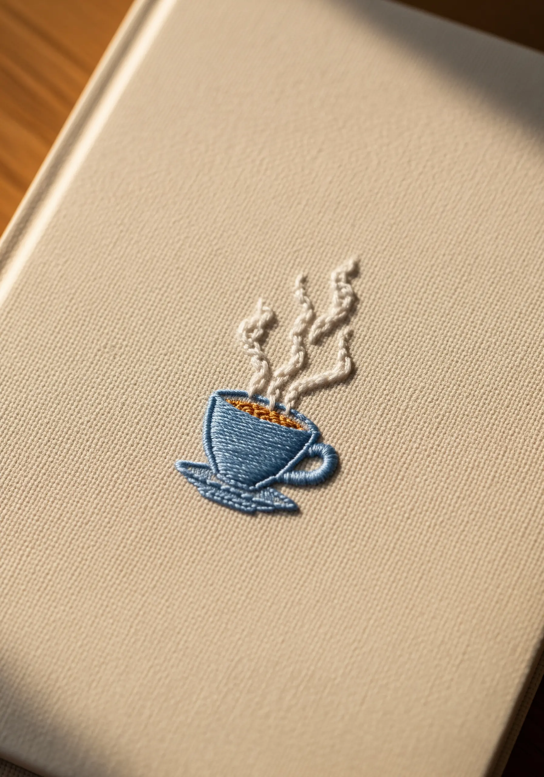 A small embroidered coffee cup with delicate, swirling stitches for steam.