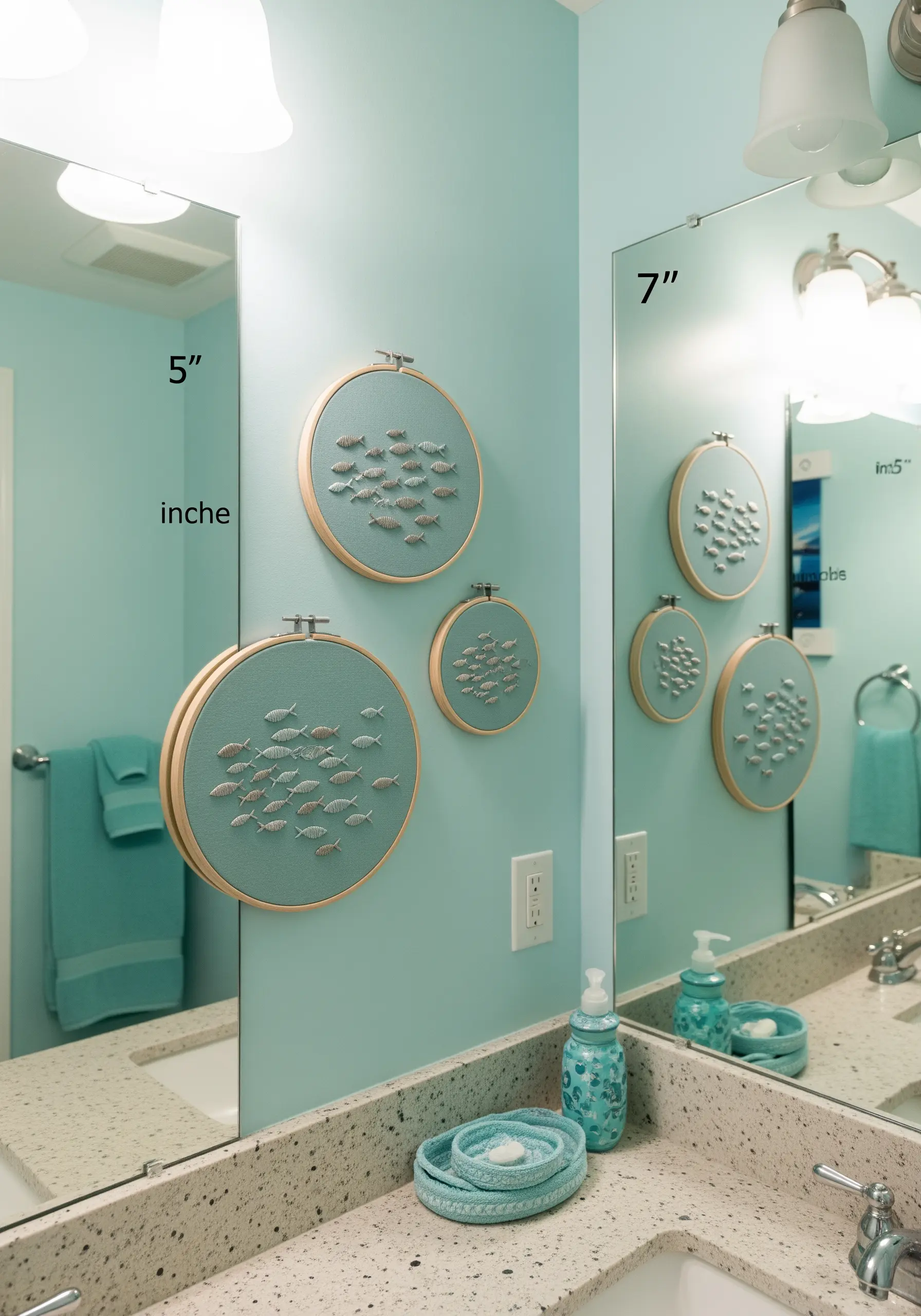 A cluster of tiny, metallic-thread fish embroidered on blue fabric in multiple hoops.