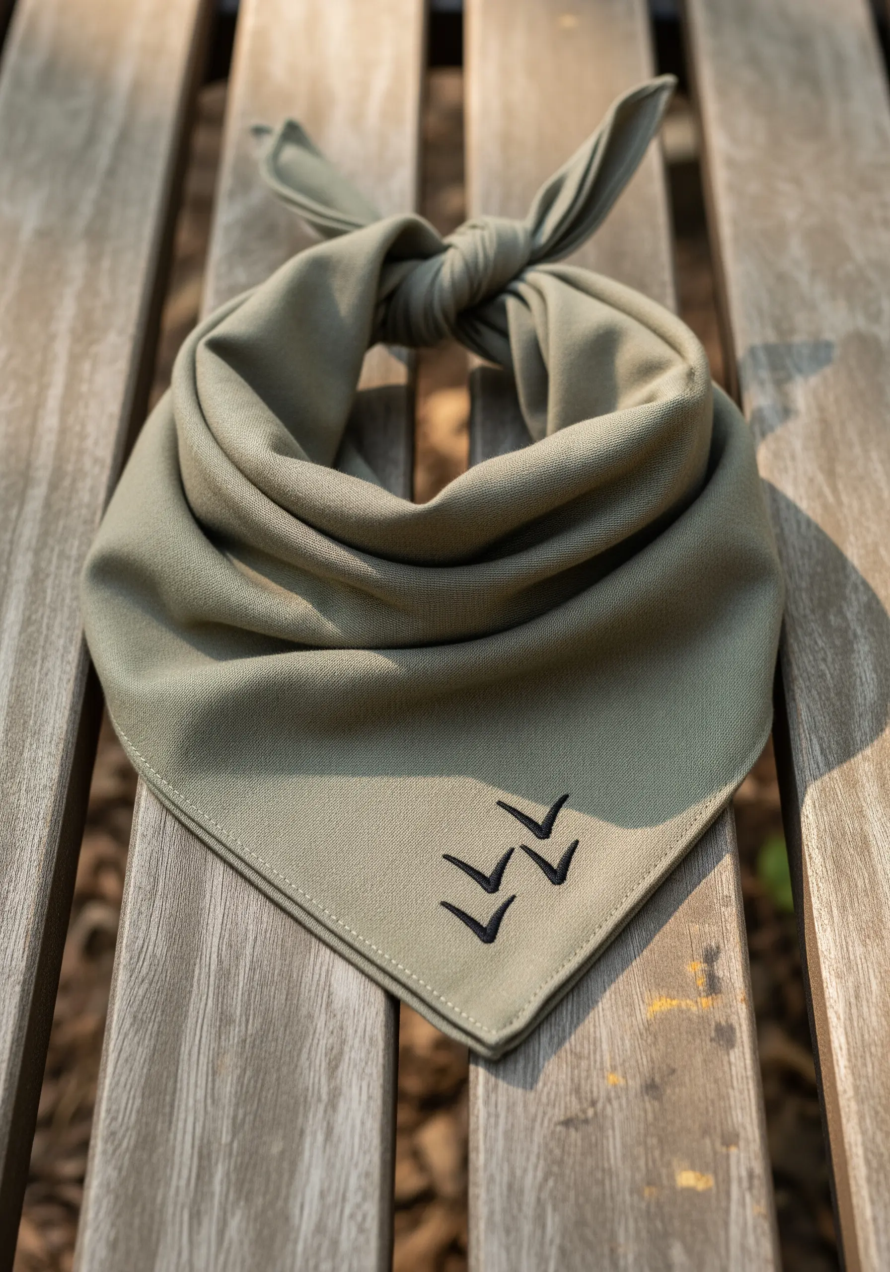 Three minimalist black birds in a V-formation embroidered on the corner of a green bandana.