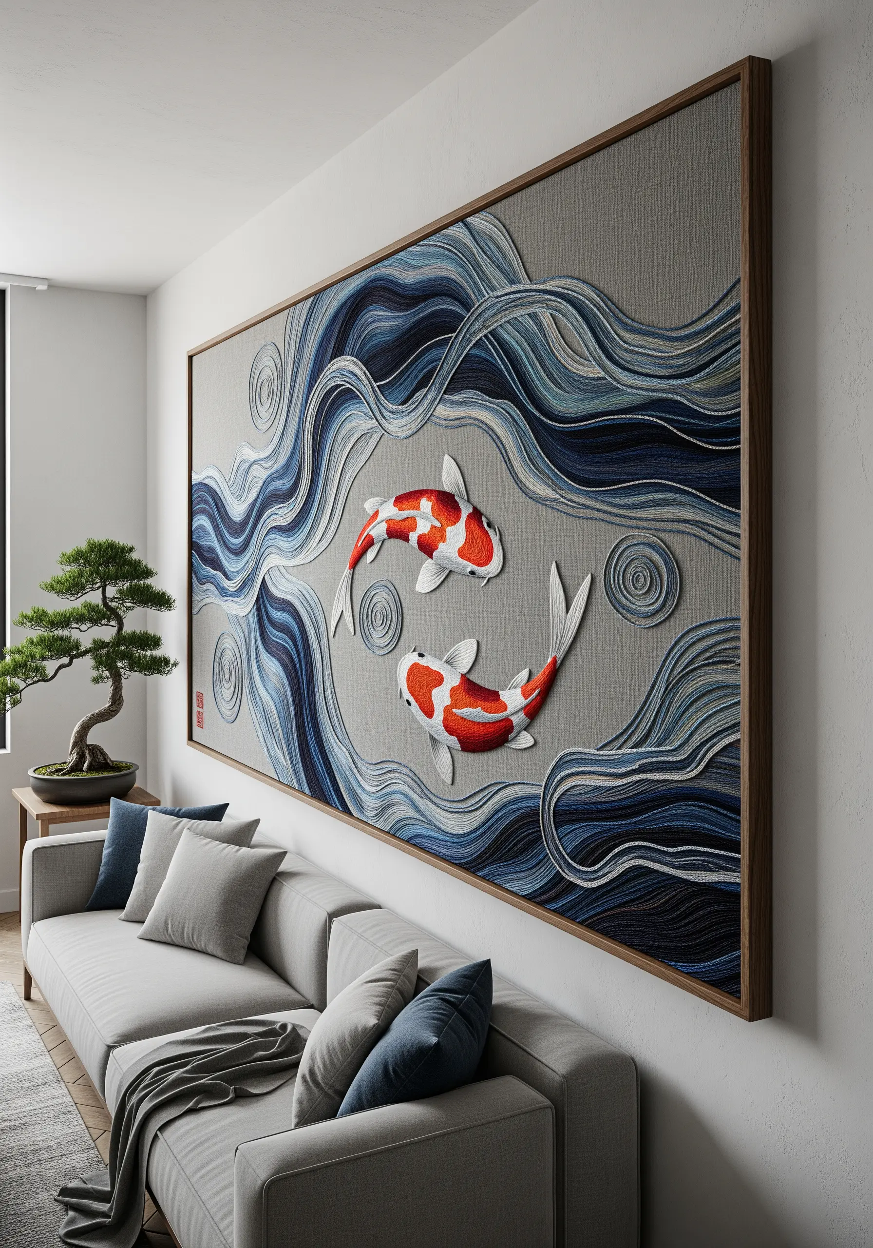 Large framed embroidery of two koi fish swimming in stylized blue and white waves.