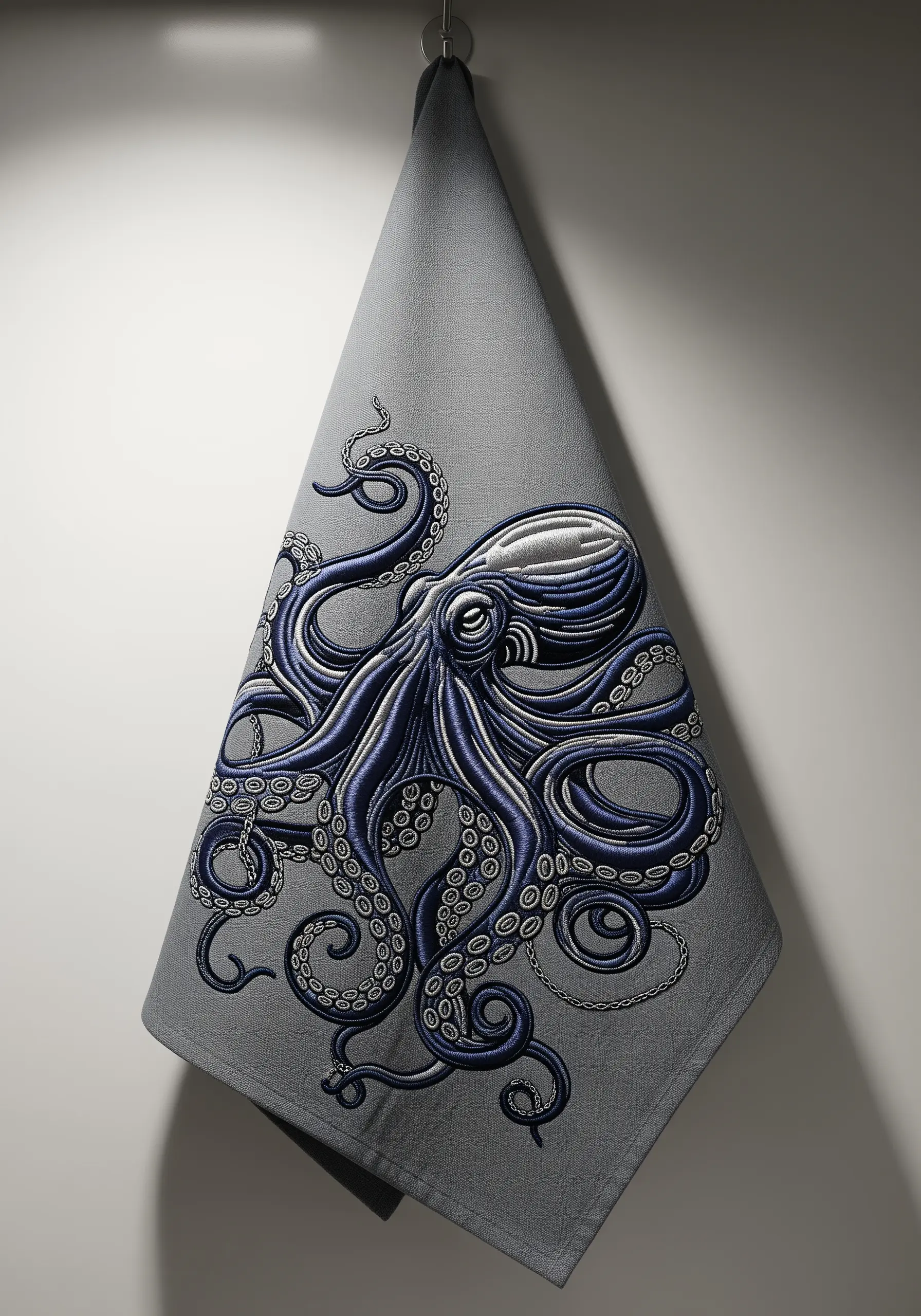An octopus embroidered in shades of blue on a grey towel, with detailed tentacle shading.