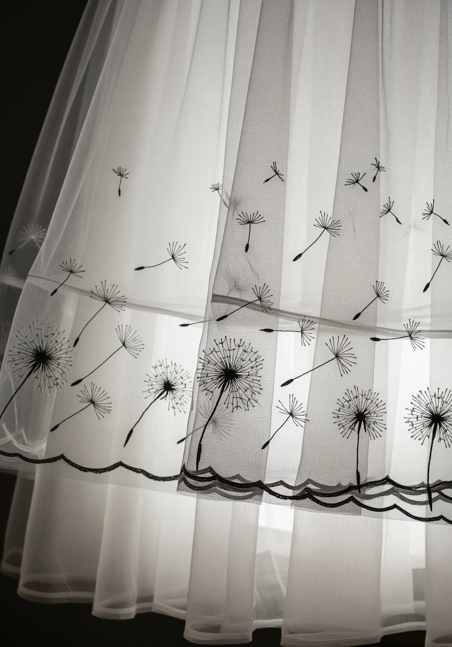 Delicate dandelion seed embroidery on a sheer, layered white skirt