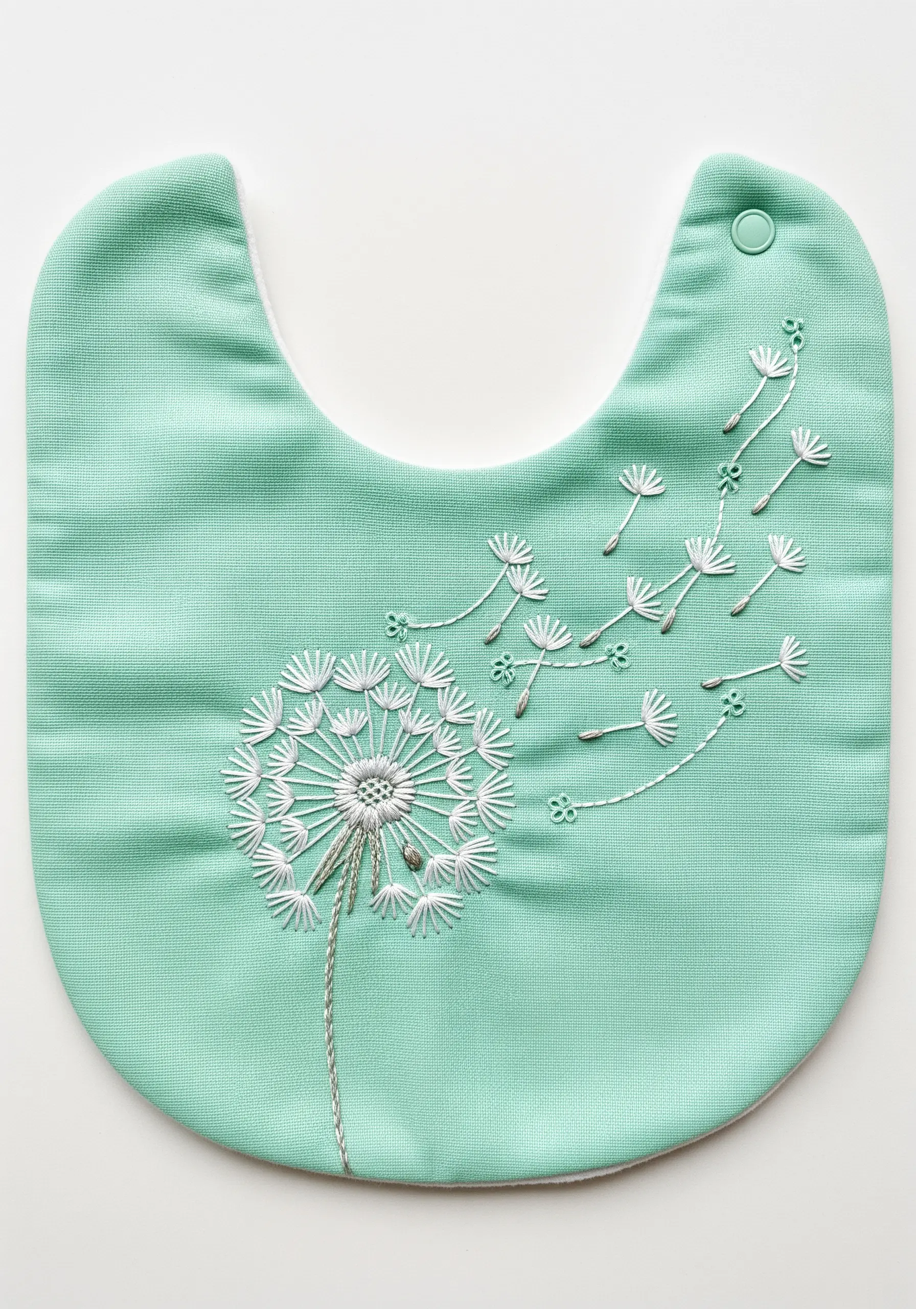 Delicate dandelion embroidery with seeds blowing in the wind on a mint green baby bib.