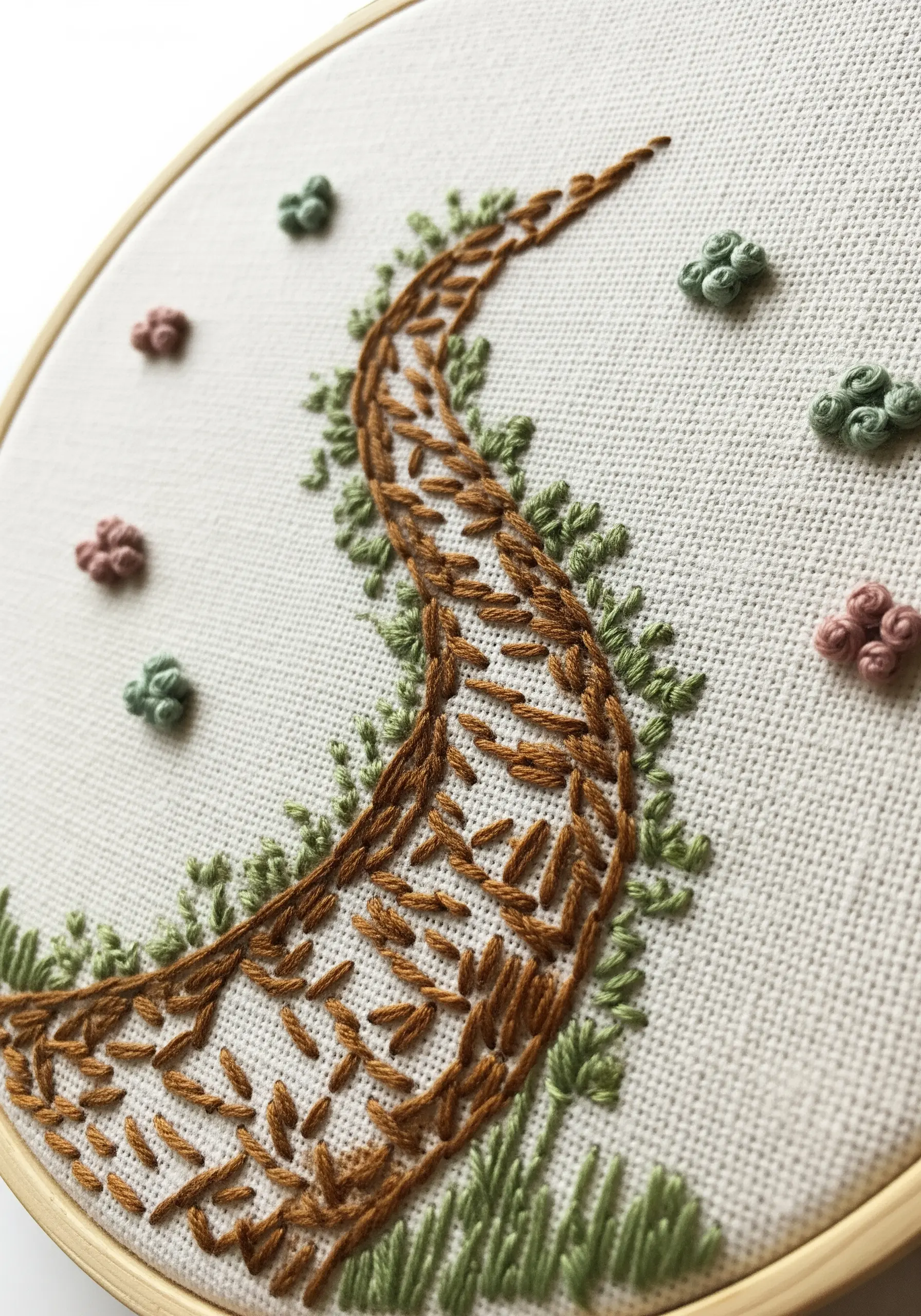 Detail of an embroidered cobblestone path with French knot flowers and fly stitch leaves.