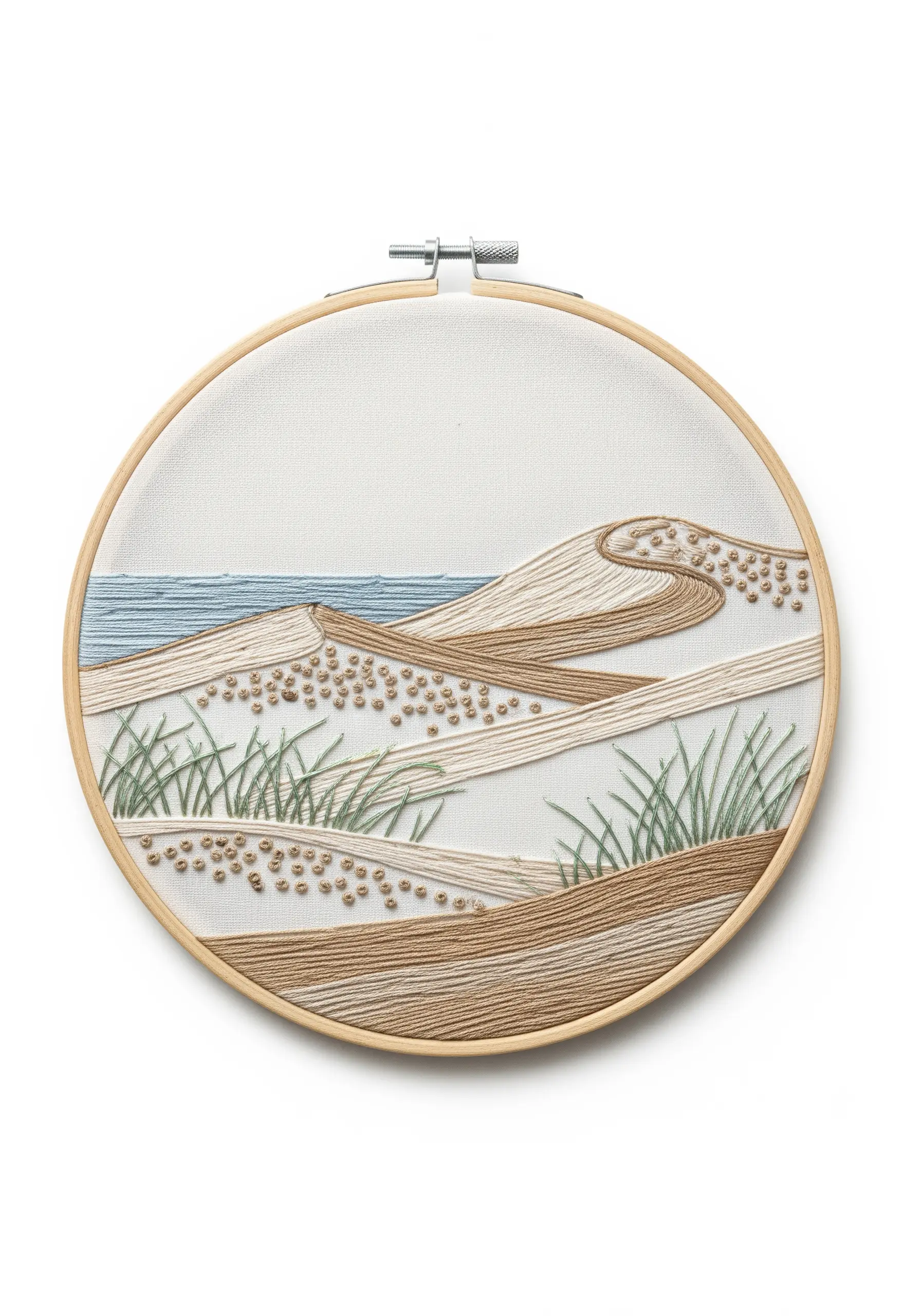 Minimalist embroidery of sand dunes with clean lines and scattered French knots for texture.