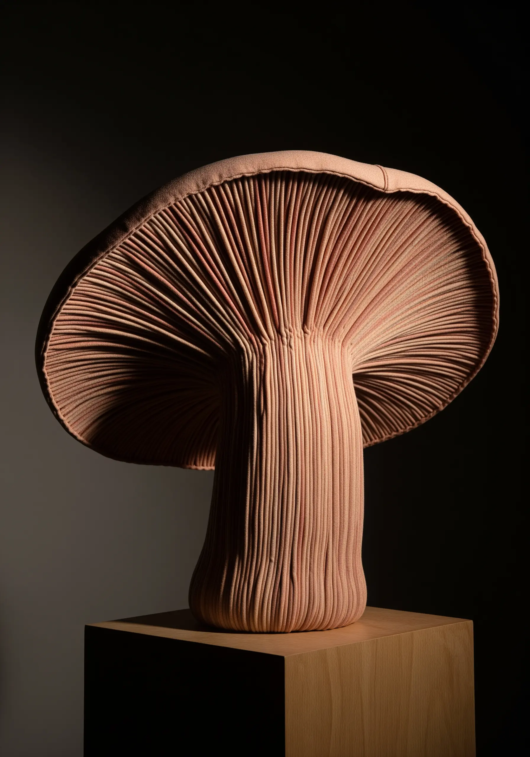 A large, sculptural mushroom made from pleated pink fabric to form the gills.
