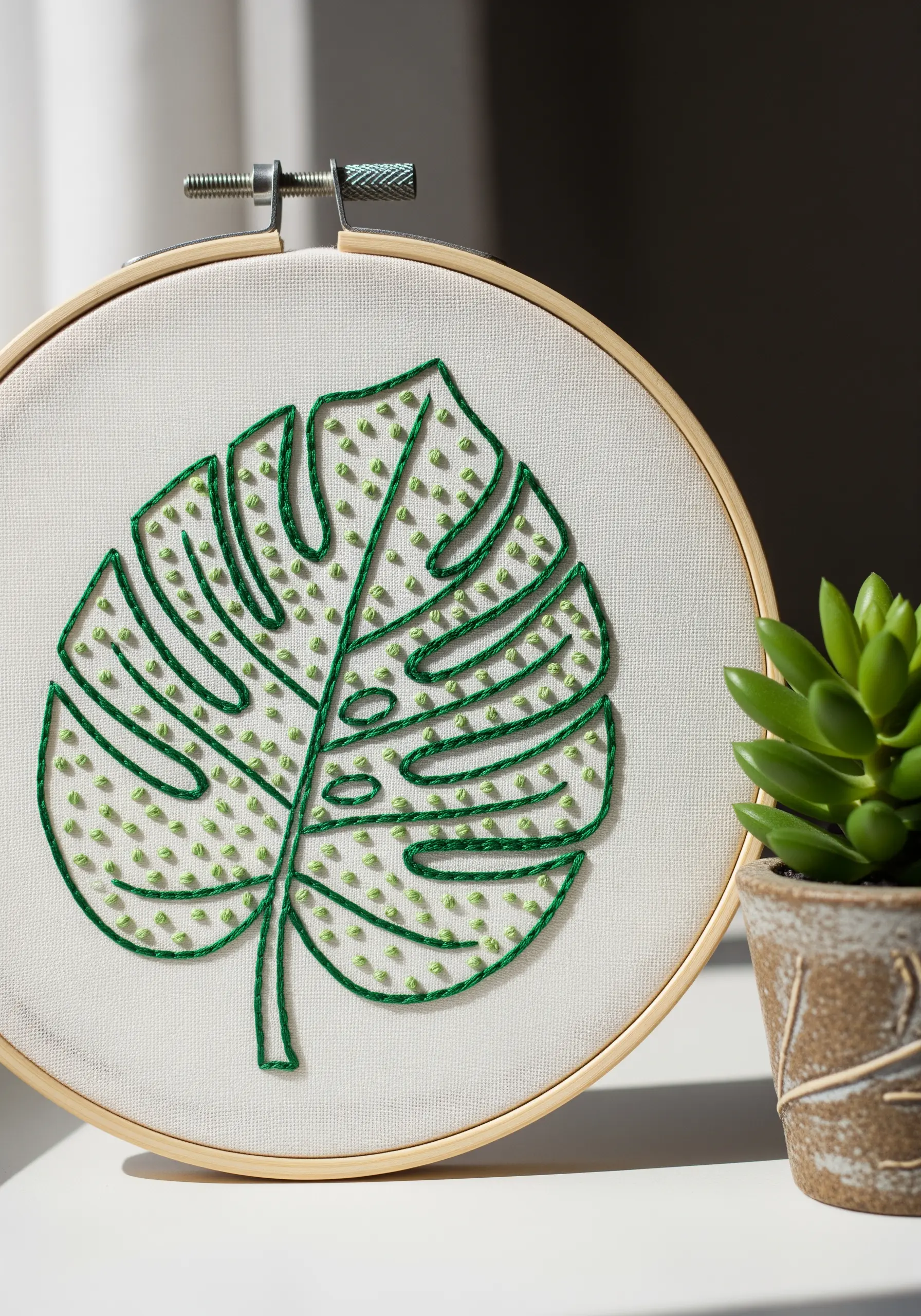 A monstera leaf outlined in green, with the inside filled with a pattern of tiny green seed stitches.