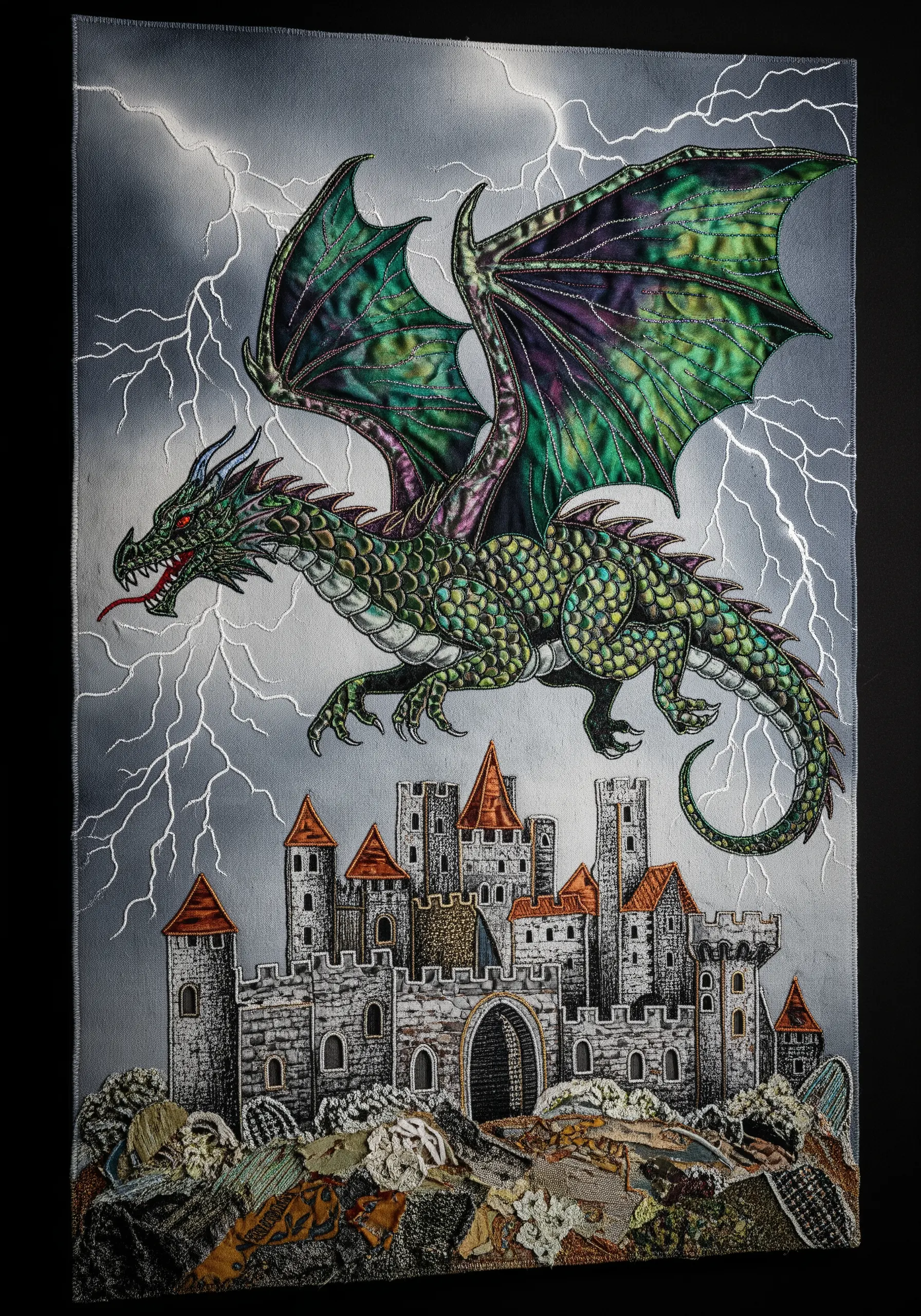 A detailed fabric collage of a dragon flying over a castle using patterned fabrics