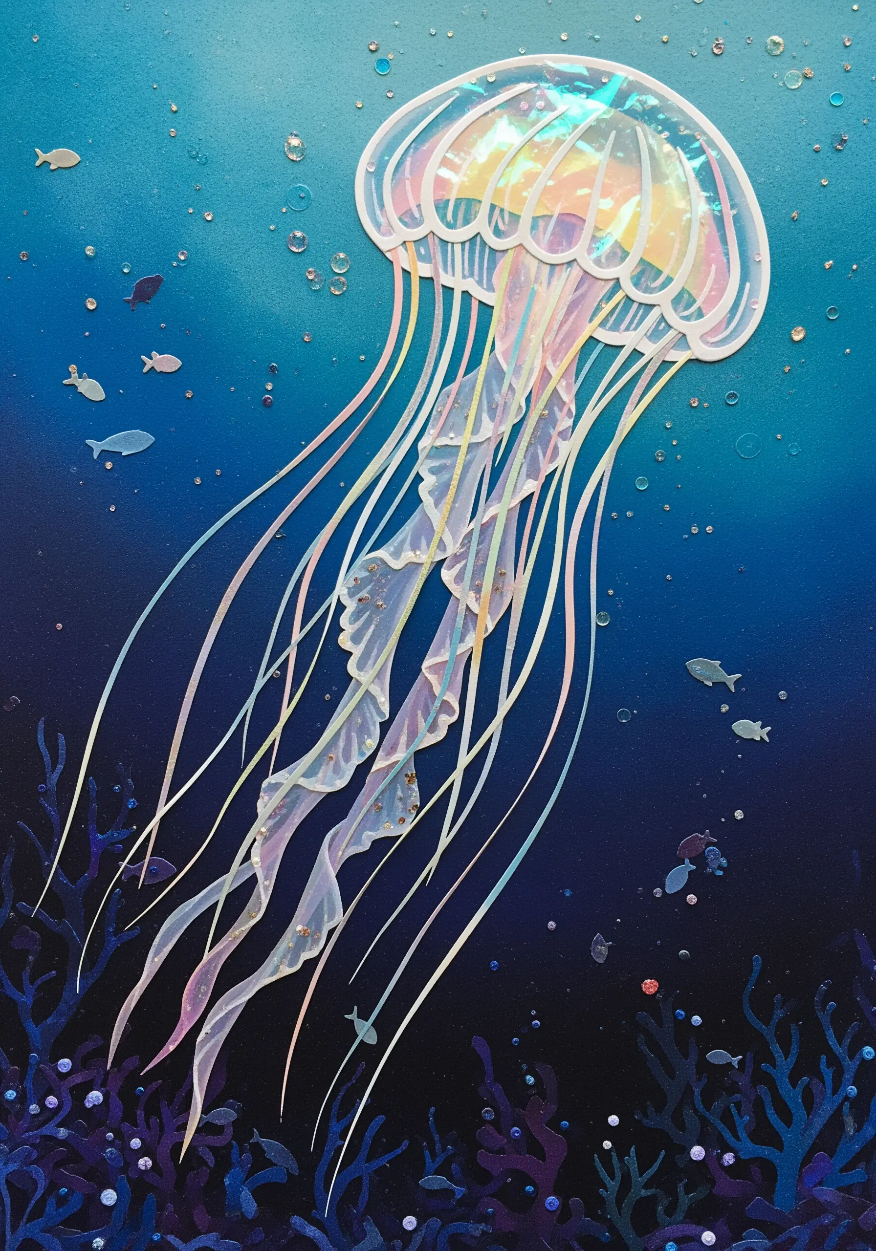 A delicate, translucent jellyfish made from iridescent and pastel papers.