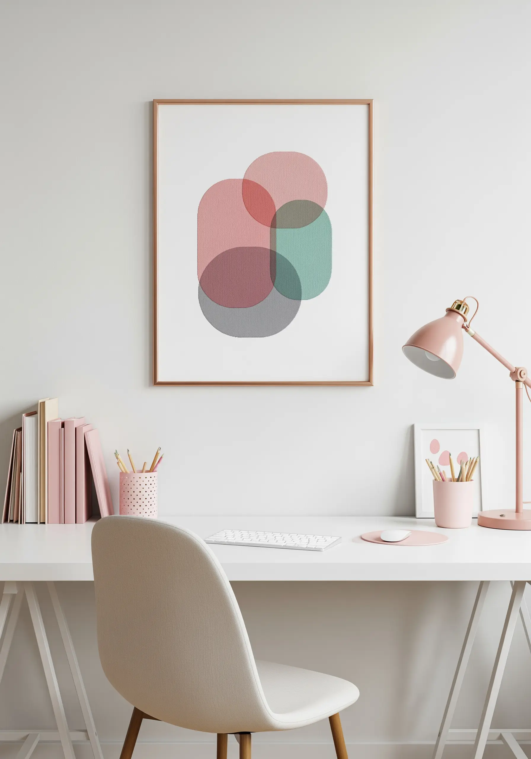 An embroidery of overlapping ovals in pink, red, and teal, creating a transparent effect.