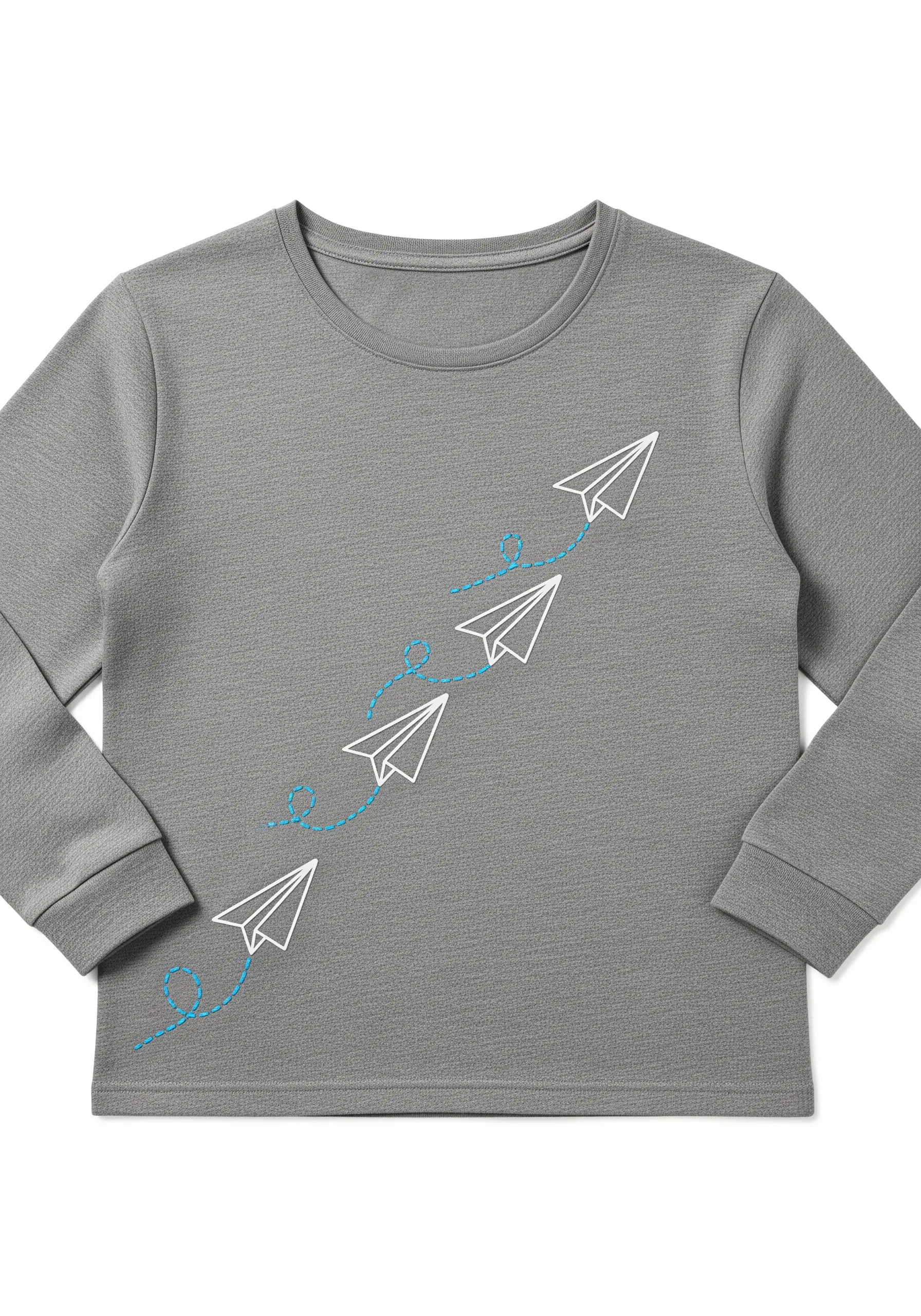 White paper airplane outlines with a looping blue flight path on a grey sweatshirt.