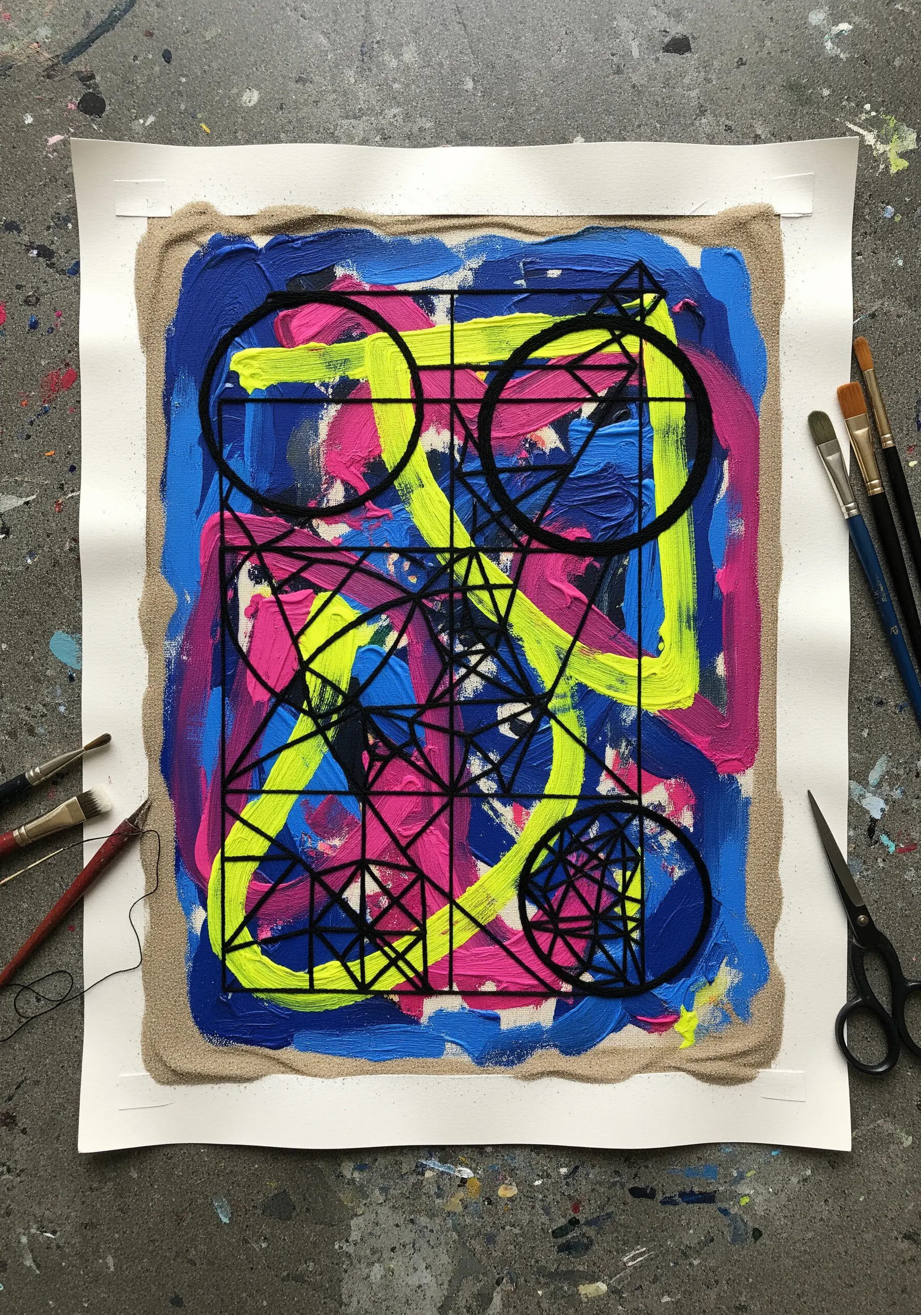 An abstract painting with bold colors is overlaid with a stark, black embroidered geometric pattern.