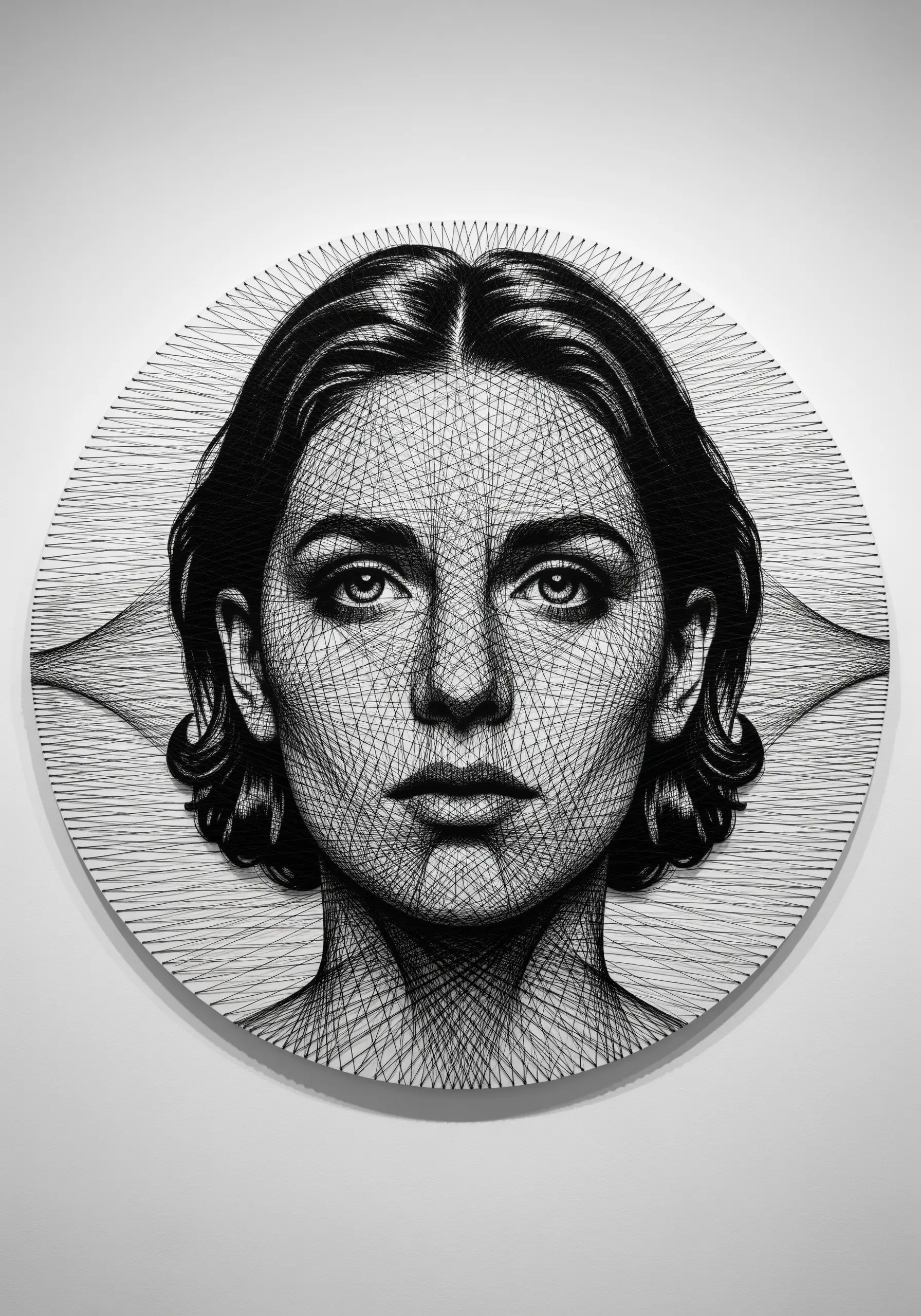 A black and white string art portrait on a round canvas with a geometric grid overlay.