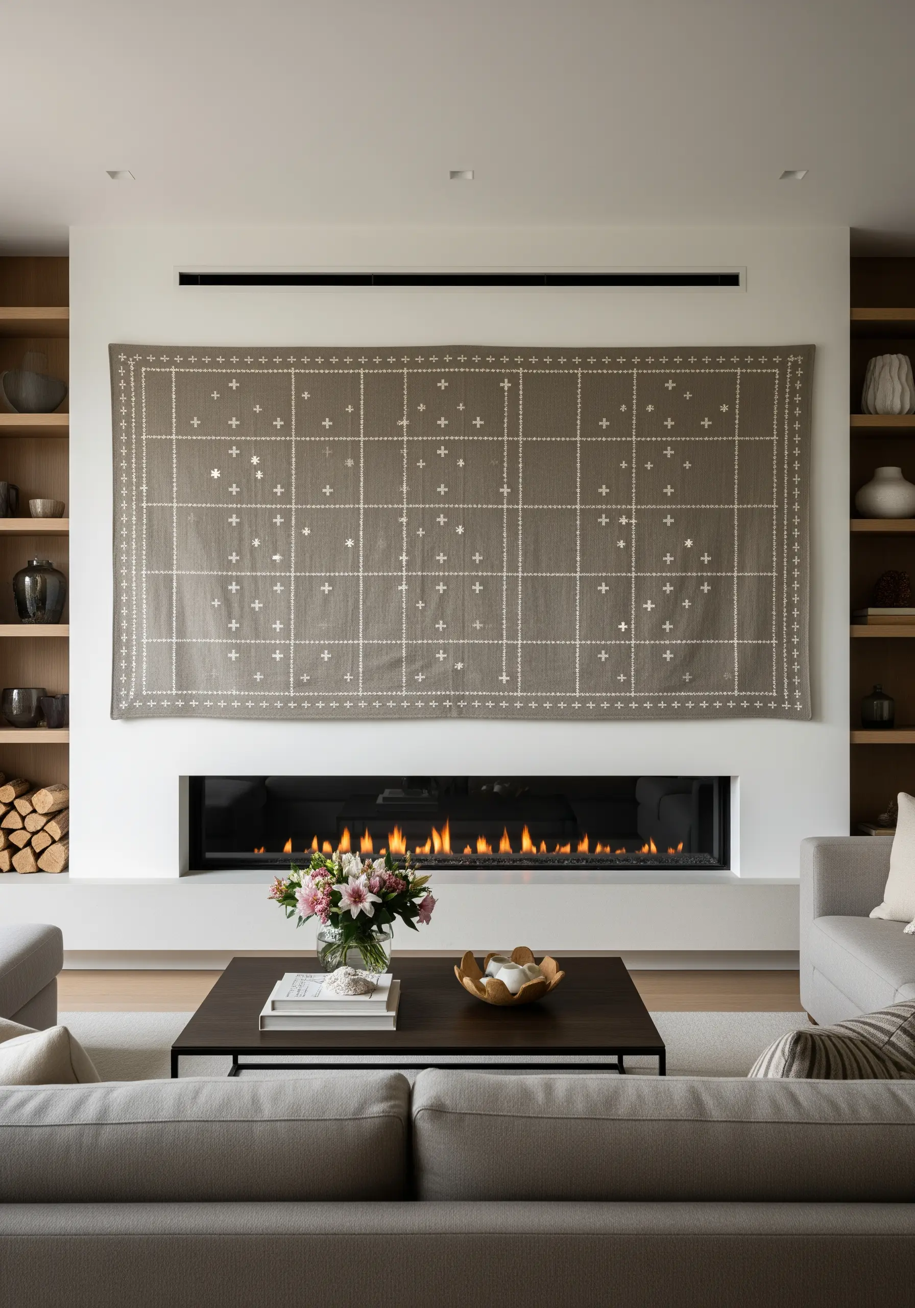 A large taupe textile hanging over a fireplace, decorated with a grid of white cross-stitches.
