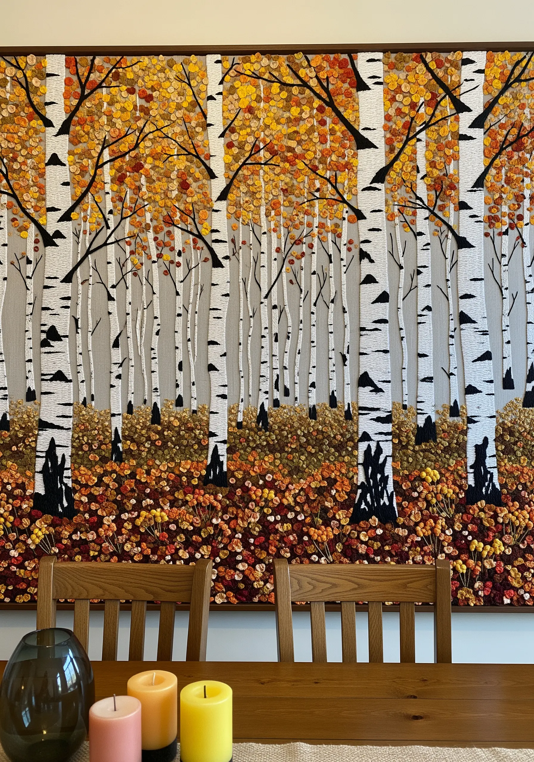 Large tapestry of an autumn birch forest made with fabric appliqué and dense knots.