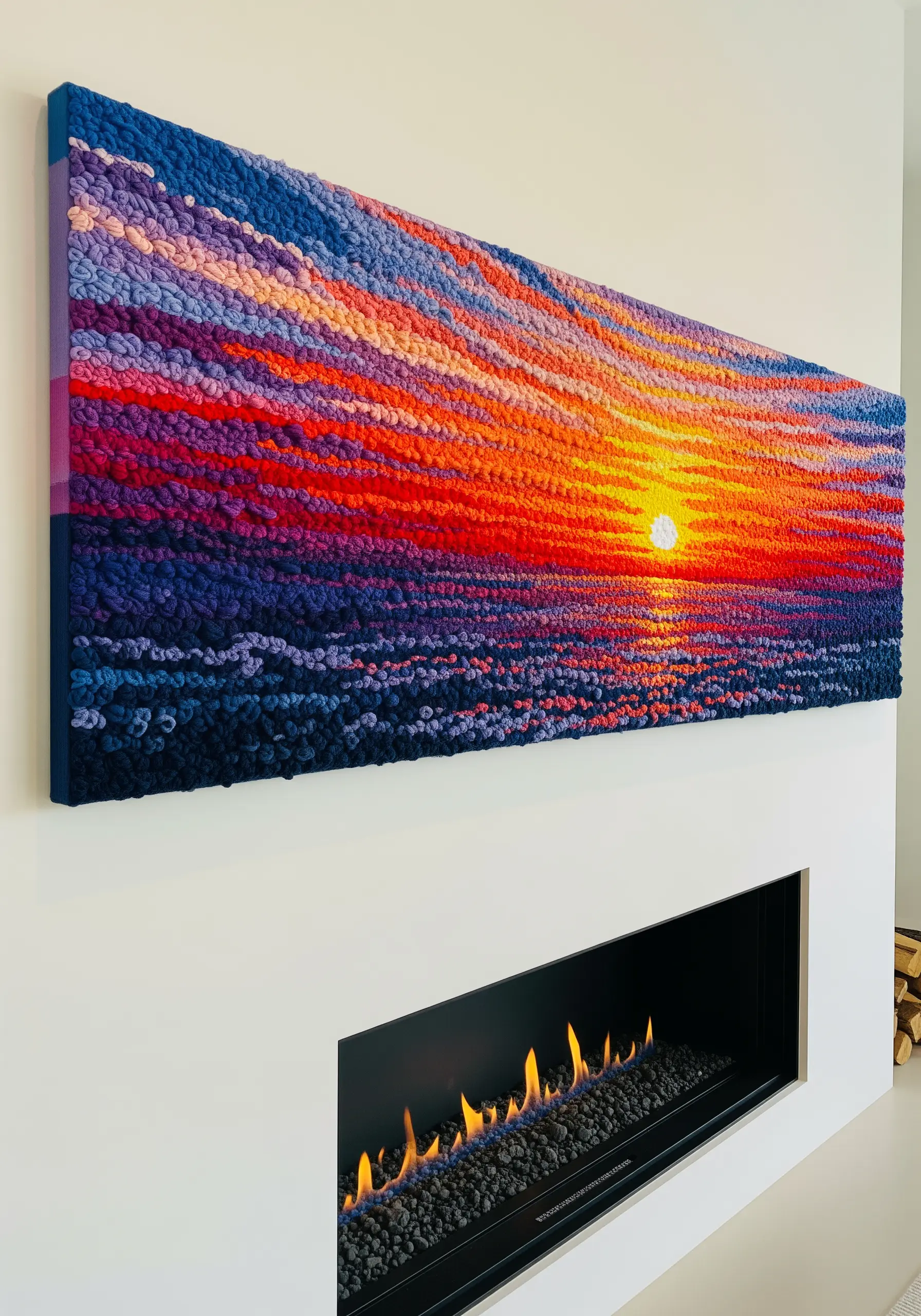 A large, rectangular tufted wall hanging depicting a vibrant sunset over water in rich, textured yarn.