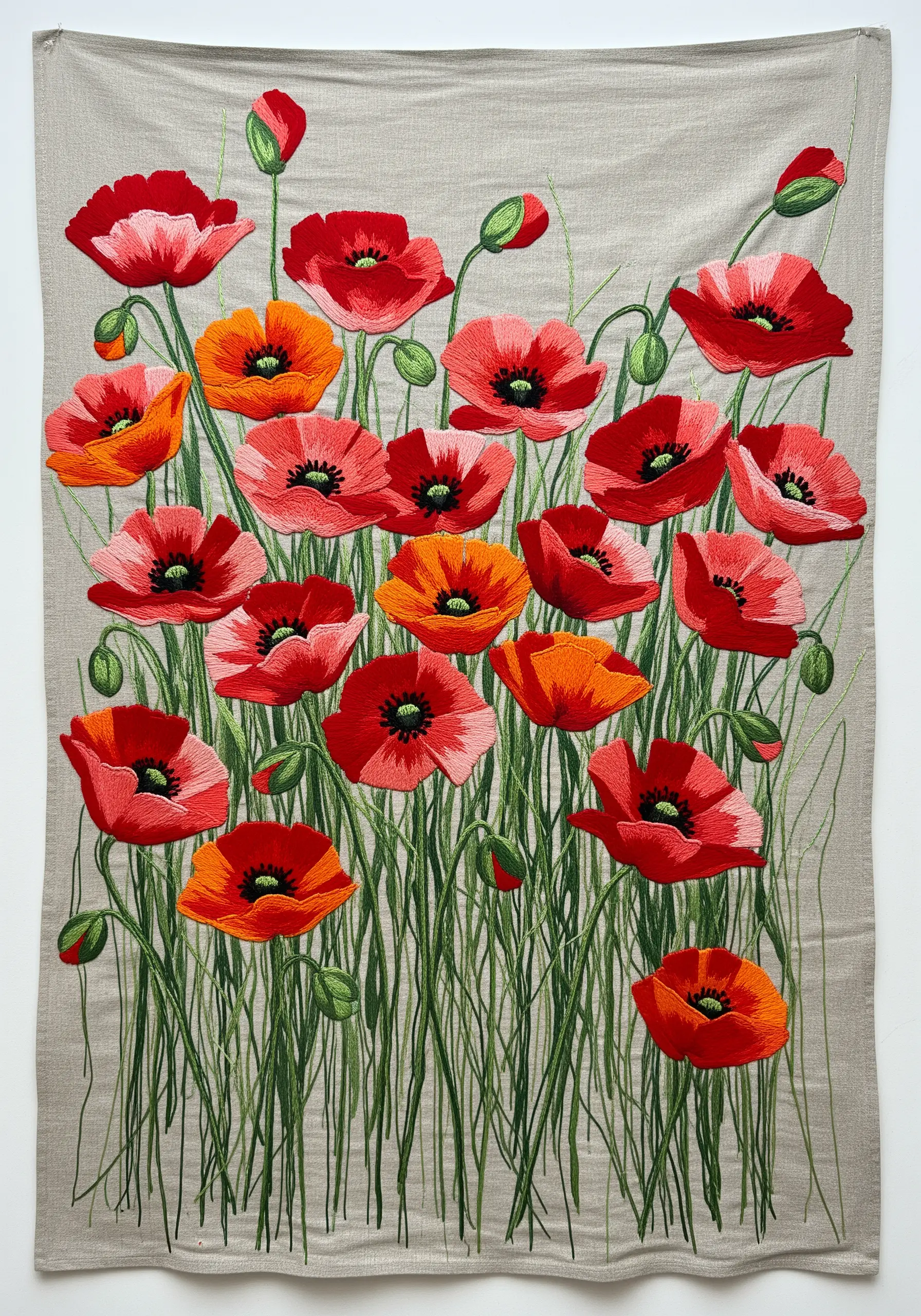 An embroidered wall hanging depicting a dense field of red and orange poppies on linen fabric.
