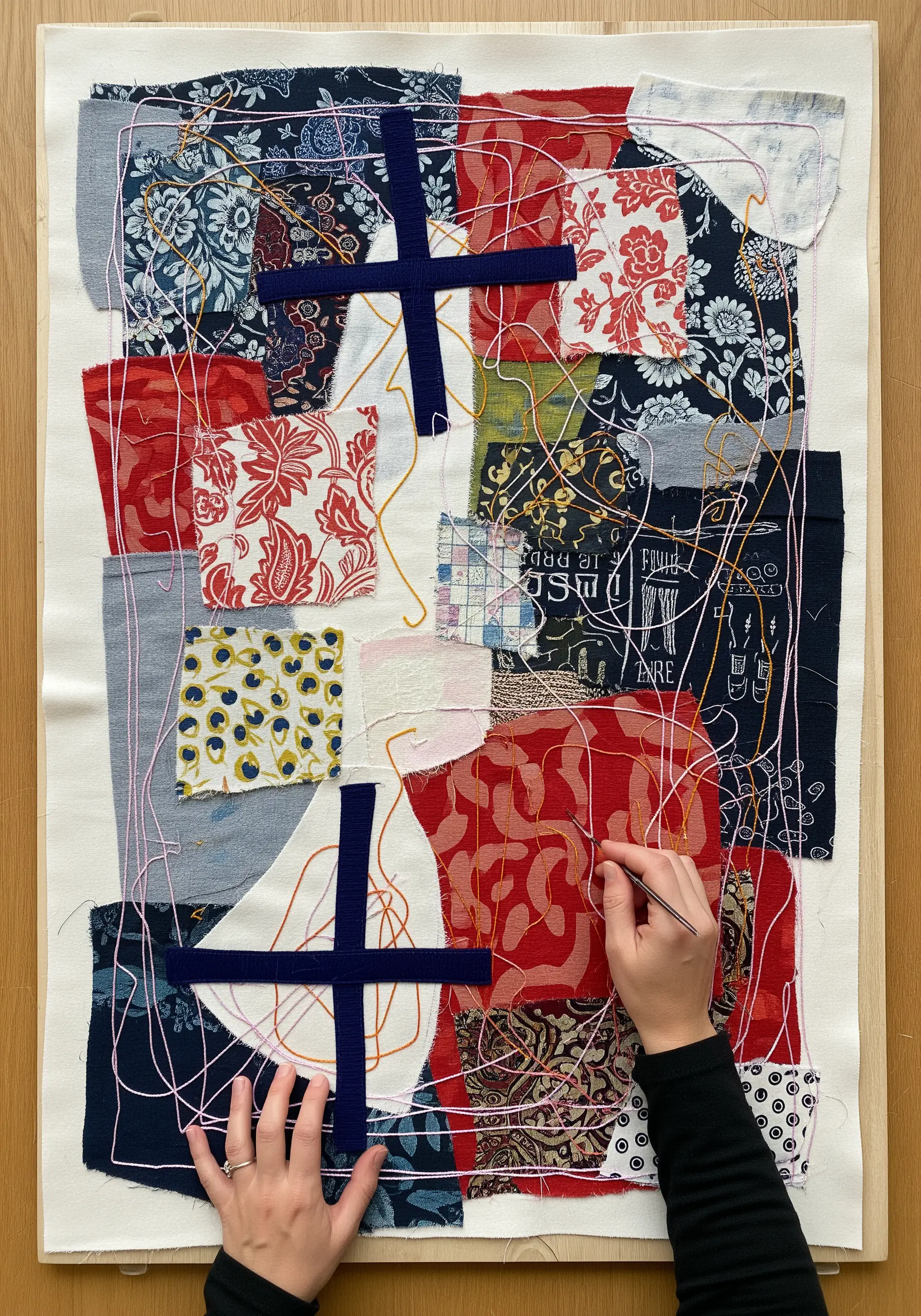 An abstract fabric collage with free-form, expressive hand stitching in multiple colors.